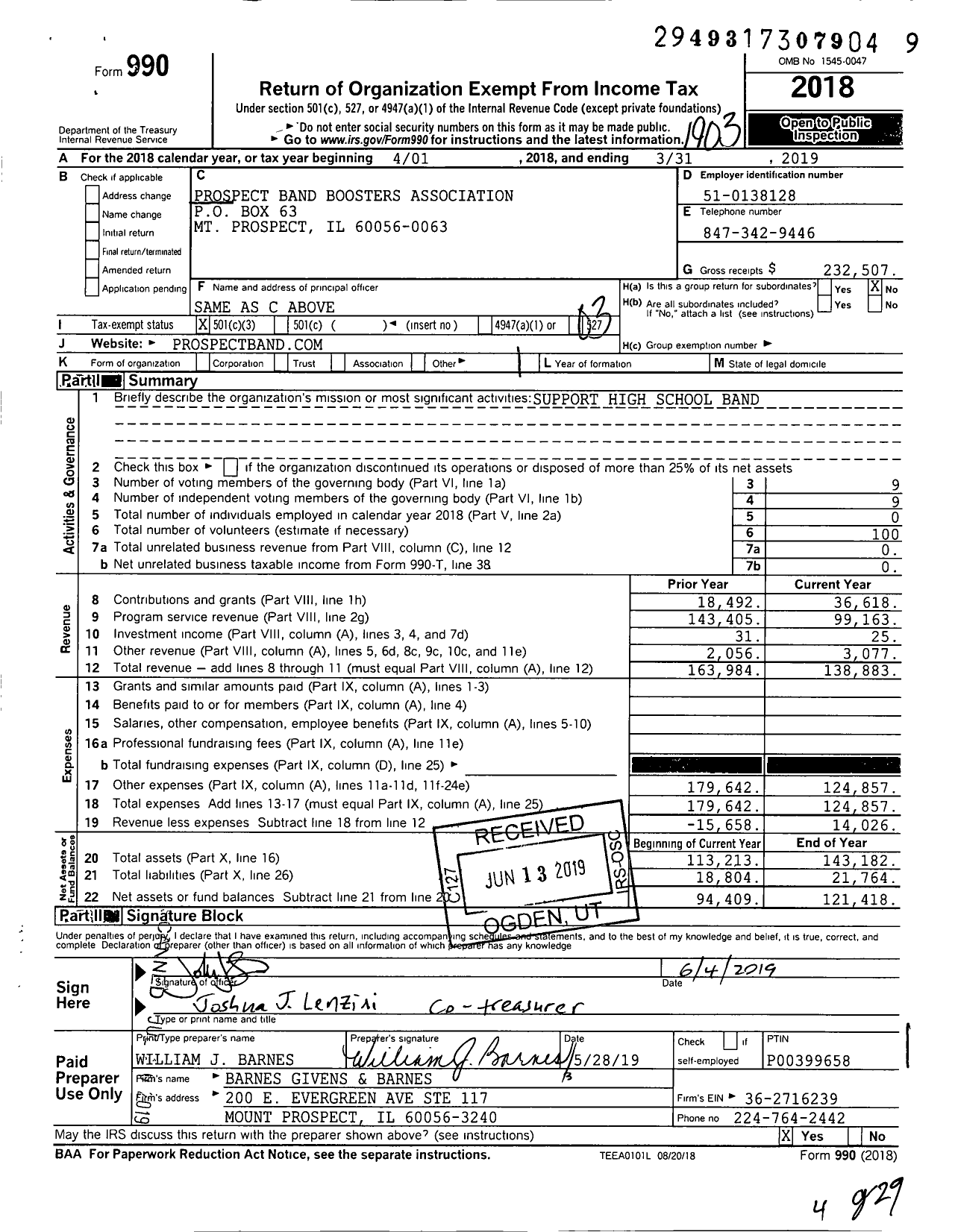 Image of first page of 2018 Form 990 for Prospect Band Boosters Association