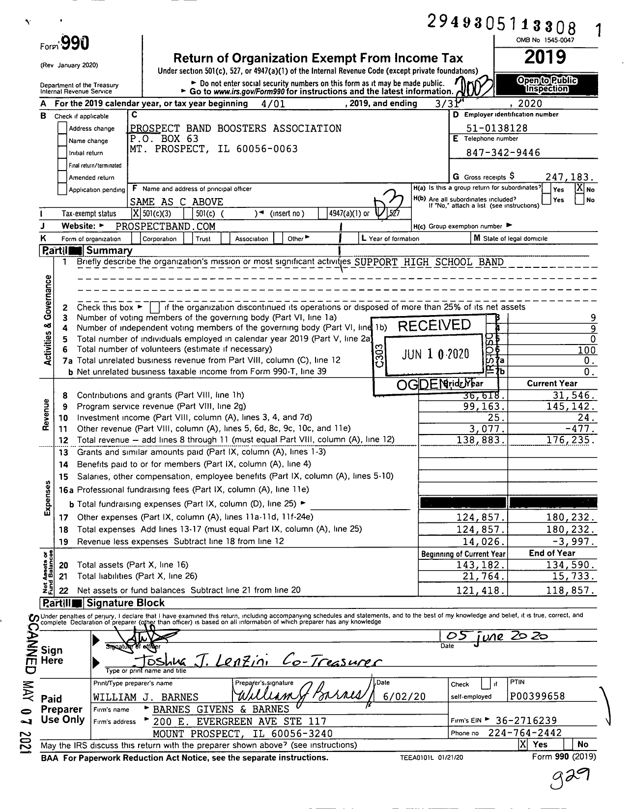 Image of first page of 2019 Form 990 for Prospect Band Boosters Association