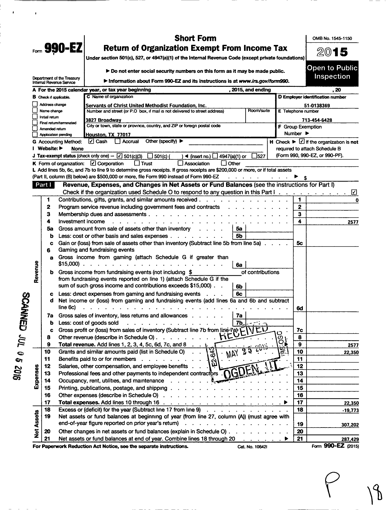 Image of first page of 2015 Form 990EZ for Servants of Christ United Methodist Foundation