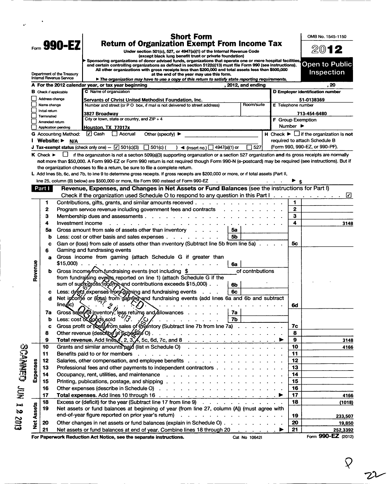 Image of first page of 2012 Form 990EZ for Servants of Christ United Methodist Foundation