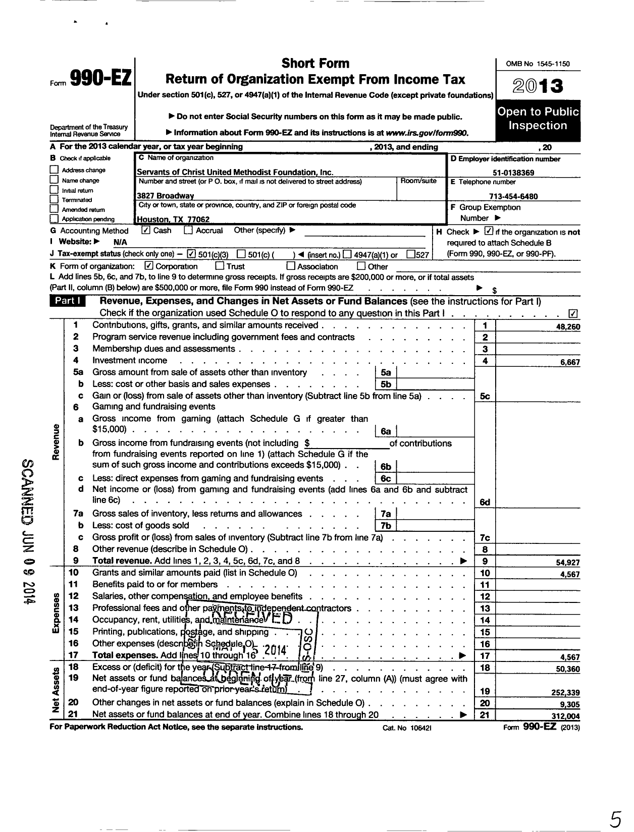 Image of first page of 2013 Form 990EZ for Servants of Christ United Methodist Foundation