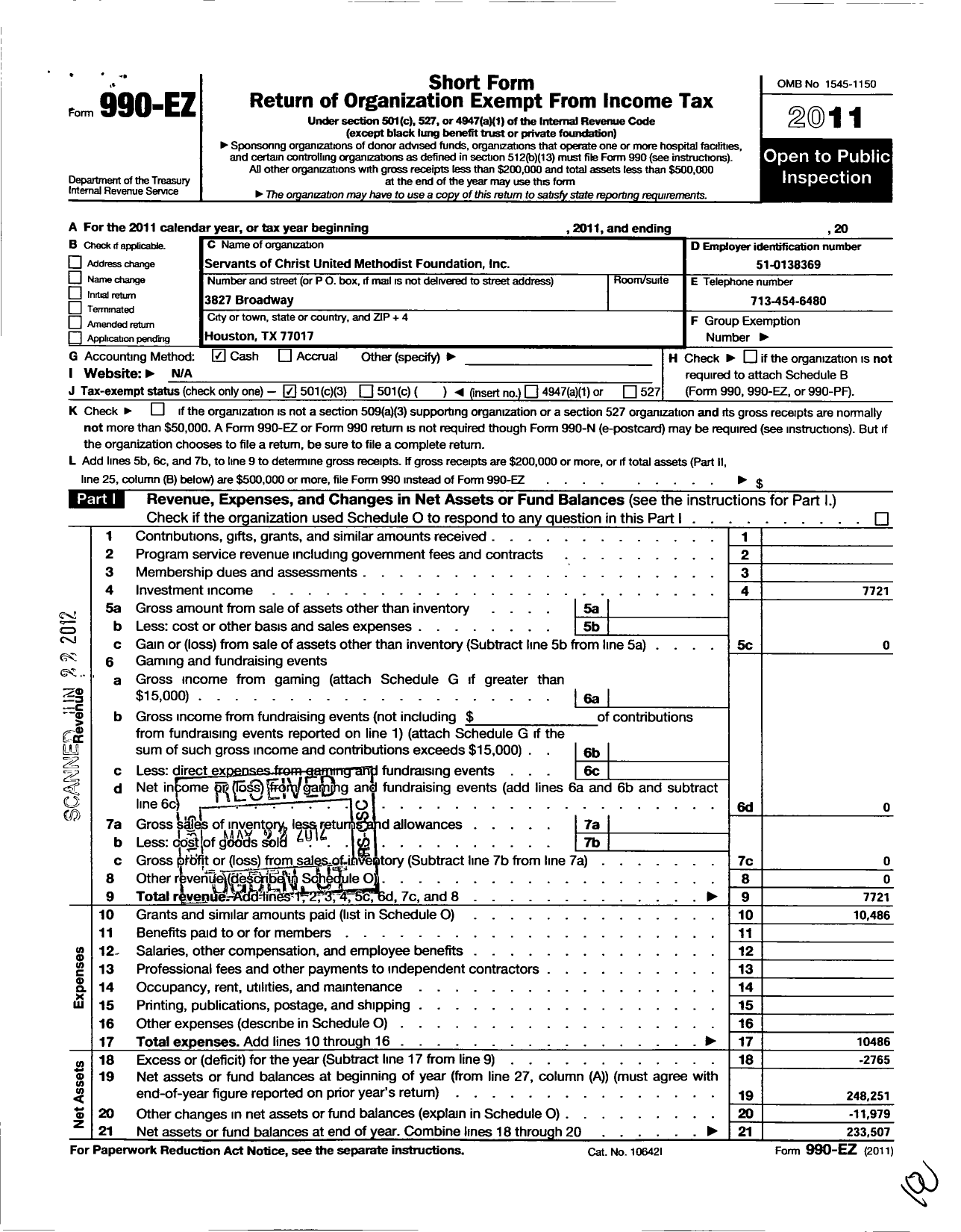 Image of first page of 2011 Form 990EZ for Servants of Christ United Methodist Foundation