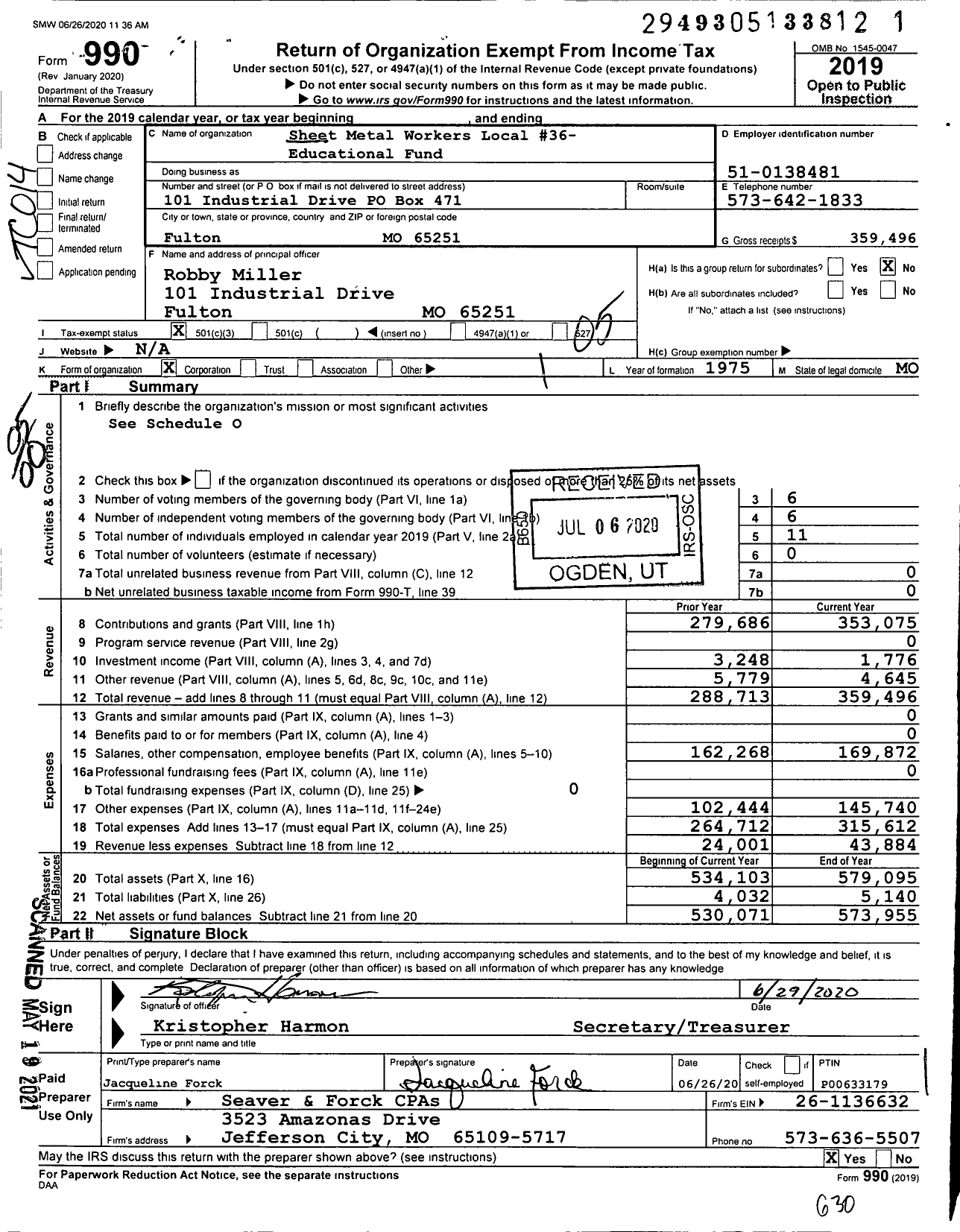 Image of first page of 2019 Form 990O for Sheet Metal Workers Local 36- Educational Fund