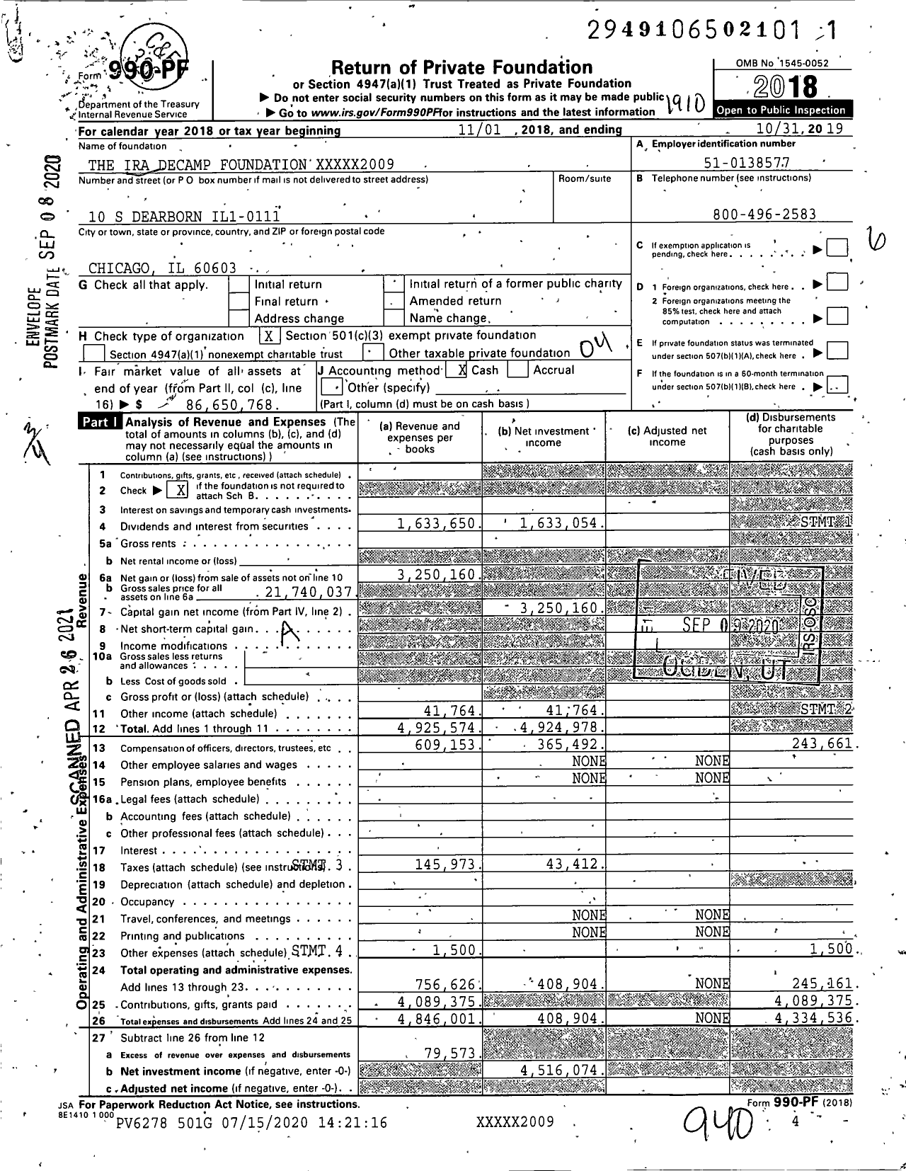 Image of first page of 2018 Form 990PF for Ira Decamp Foundation Under the Will of Elizabeth Decamp Mcinerny