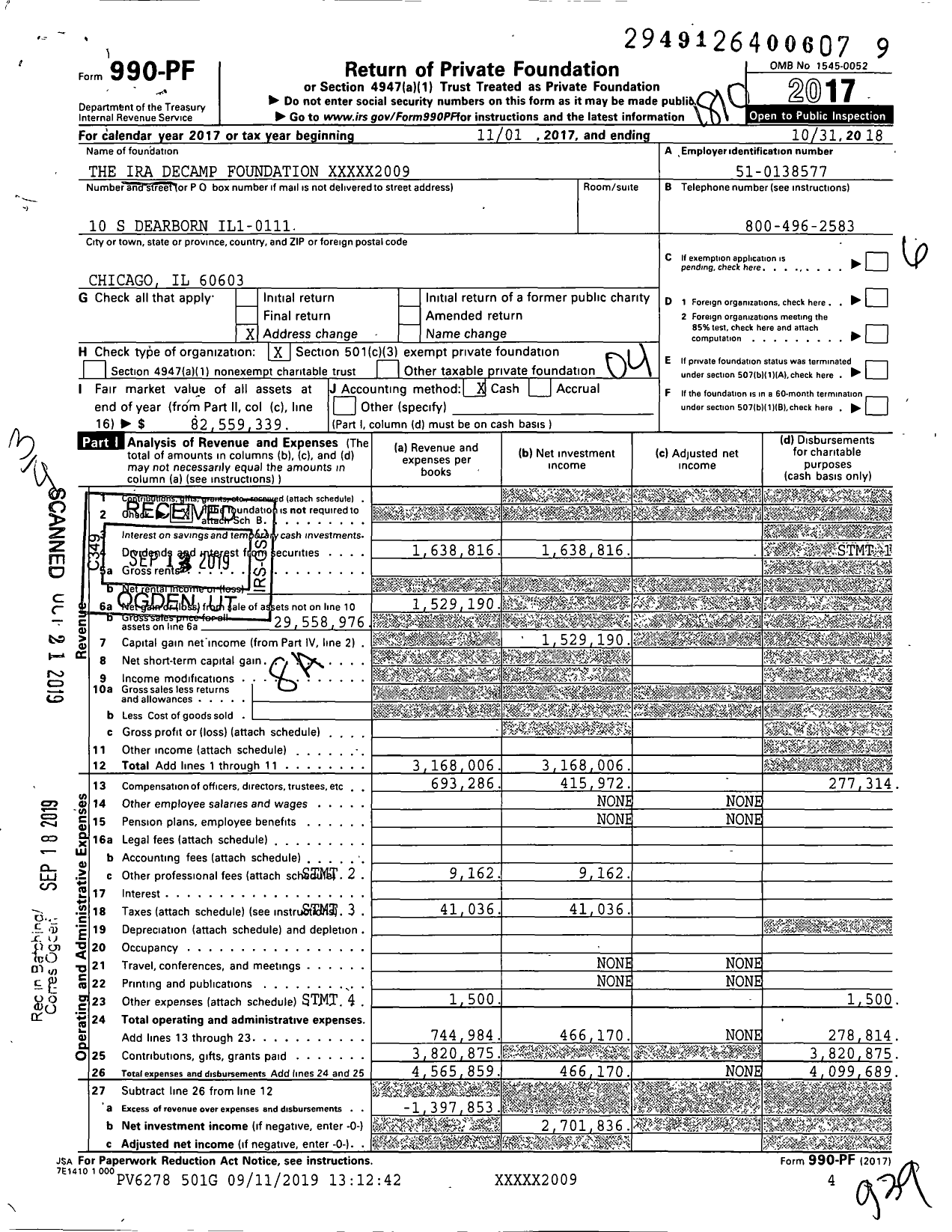 Image of first page of 2017 Form 990PF for Ira Decamp Foundation Under the Will of Elizabeth Decamp Mcinerny