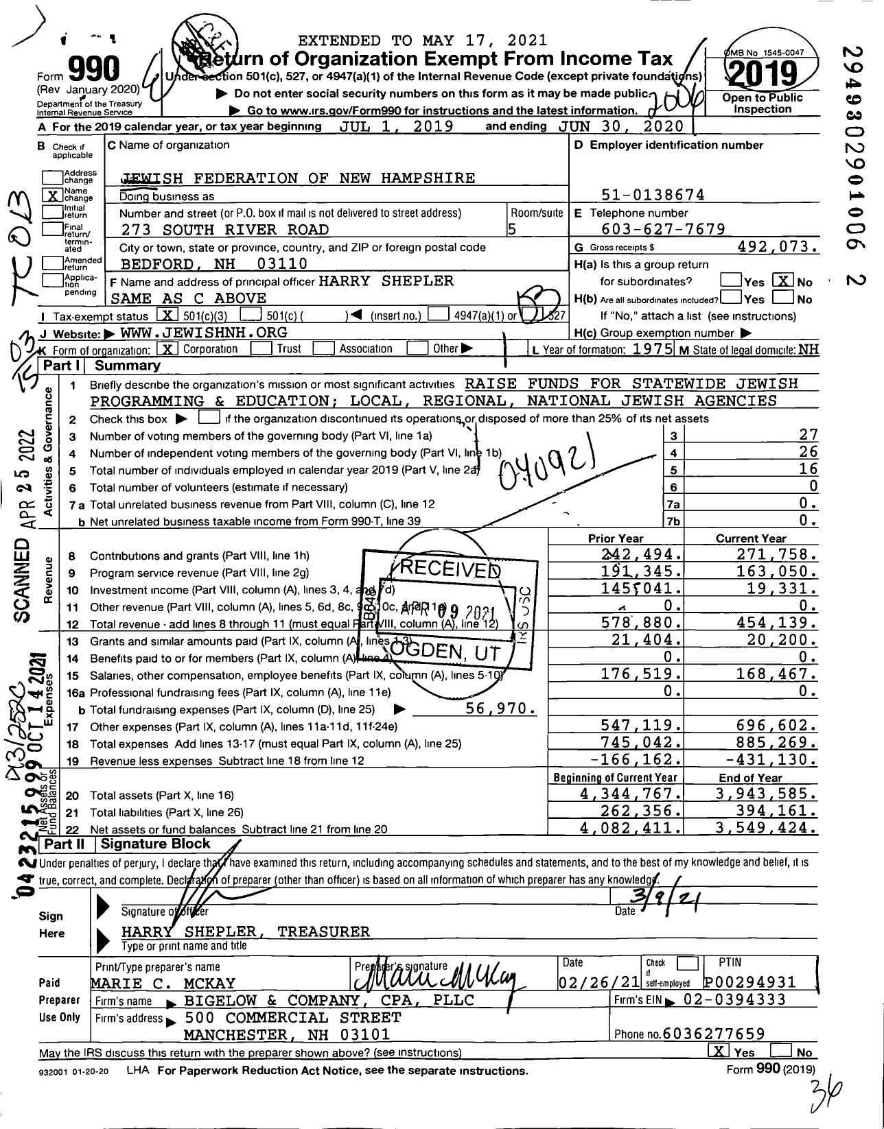 Image of first page of 2019 Form 990 for Jewish Federation of New Hampshire