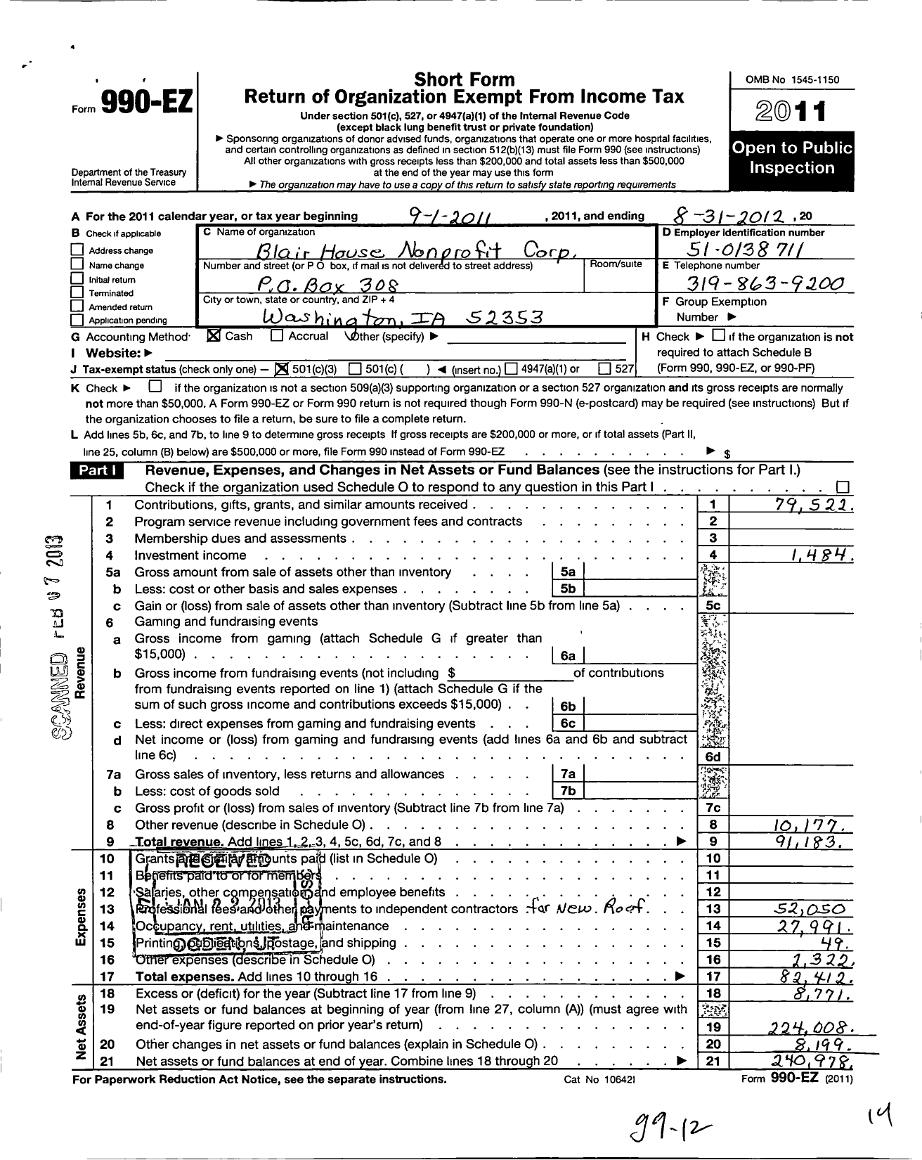 Image of first page of 2011 Form 990EZ for Blair House Nonprofit Corp