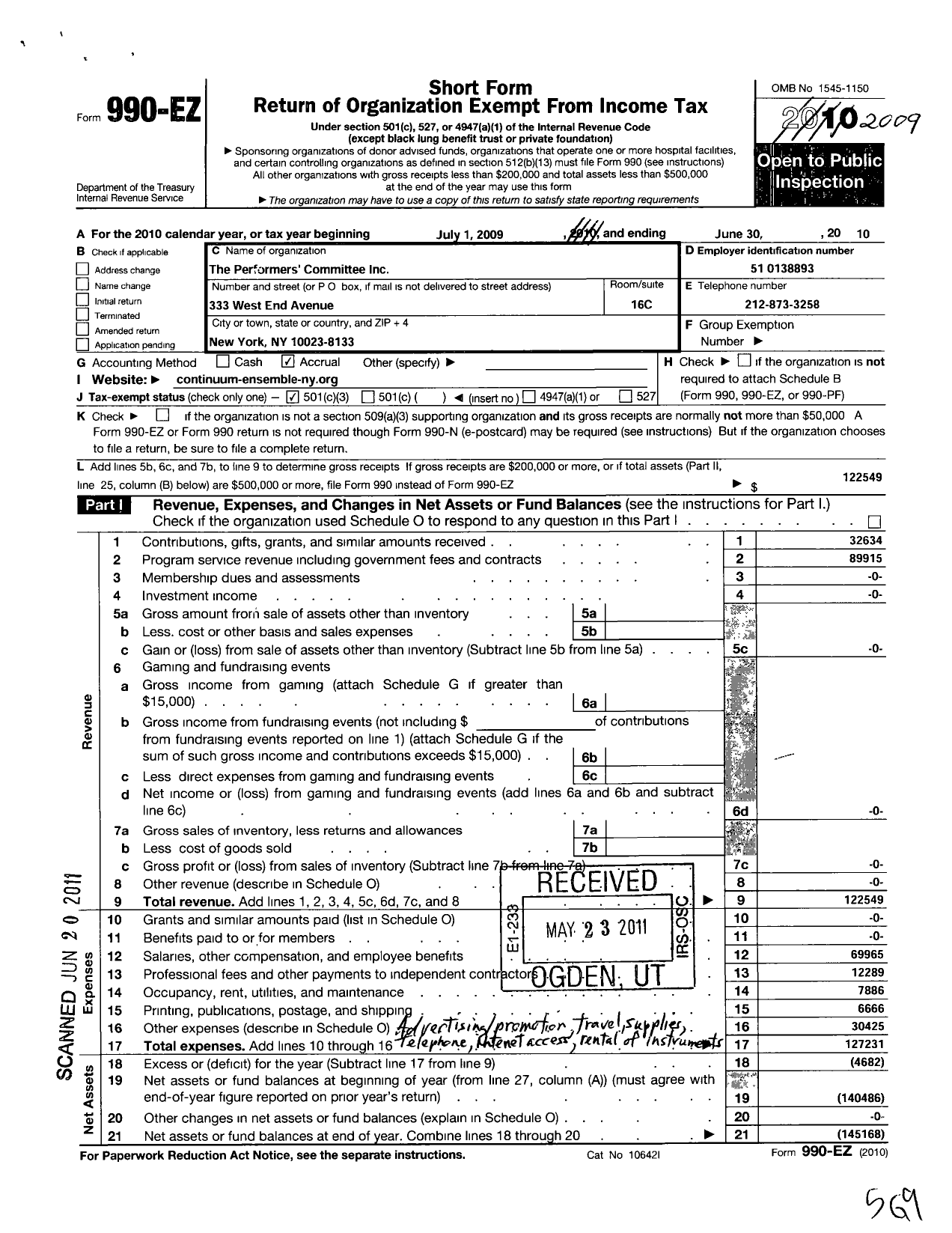 Image of first page of 2009 Form 990EZ for Performers Committee