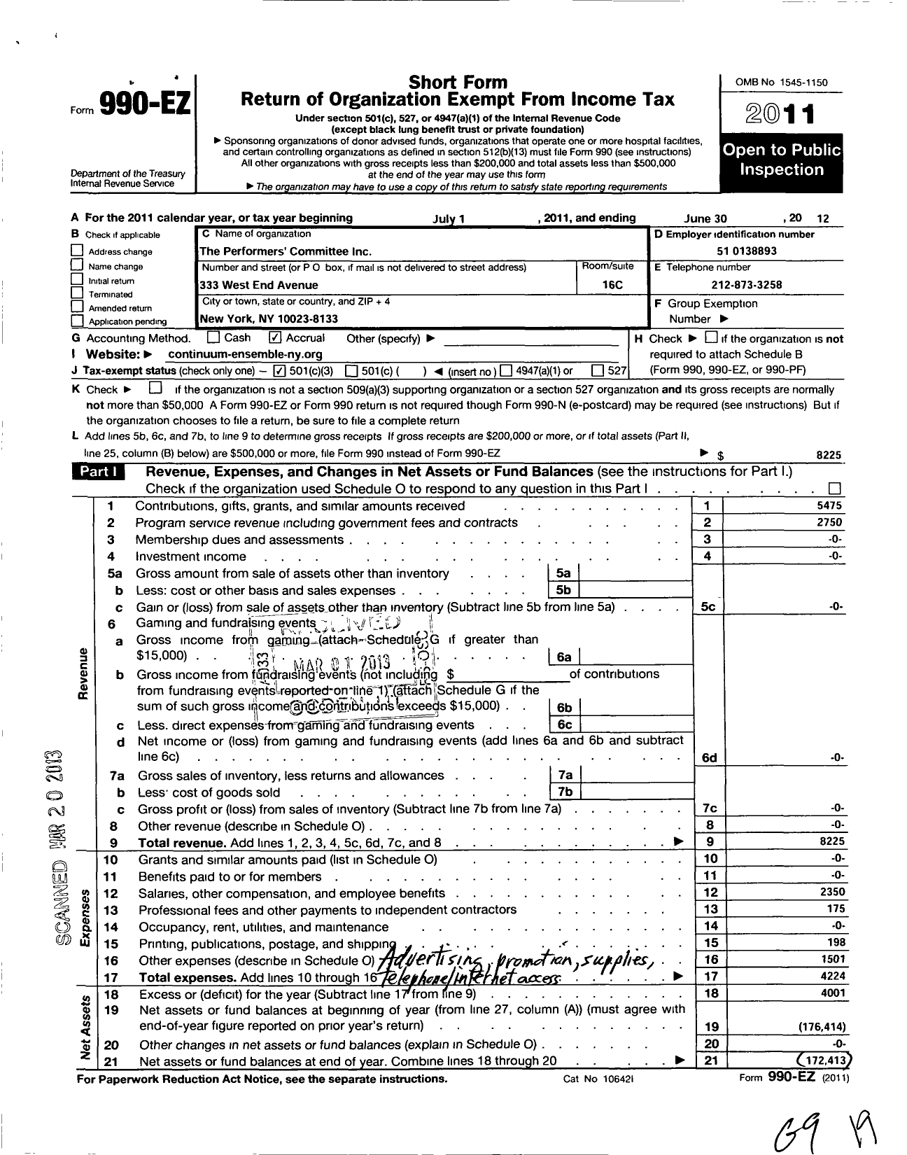 Image of first page of 2011 Form 990EZ for Performers Committee