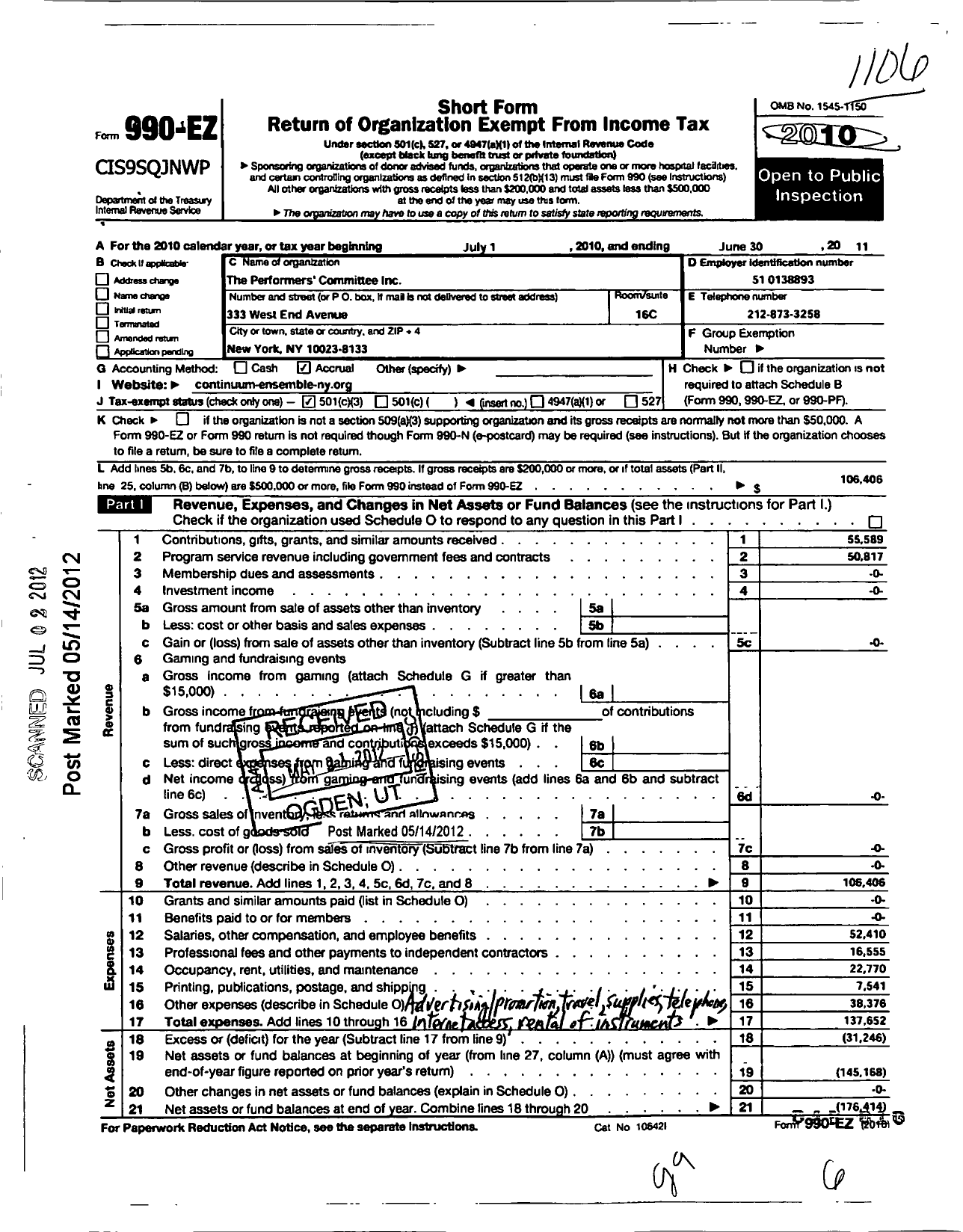 Image of first page of 2010 Form 990EZ for Performers Committee