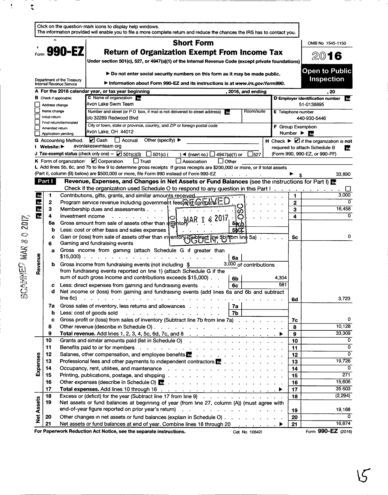 Image of first page of 2016 Form 990EZ for Avon Lake Swim Team