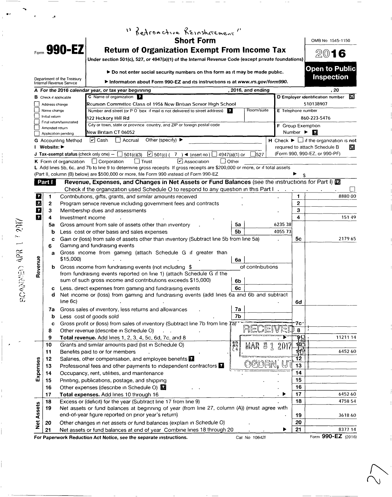 Image of first page of 2016 Form 990EO for Reunion Committee Class 1956 New Britain Senior High School
