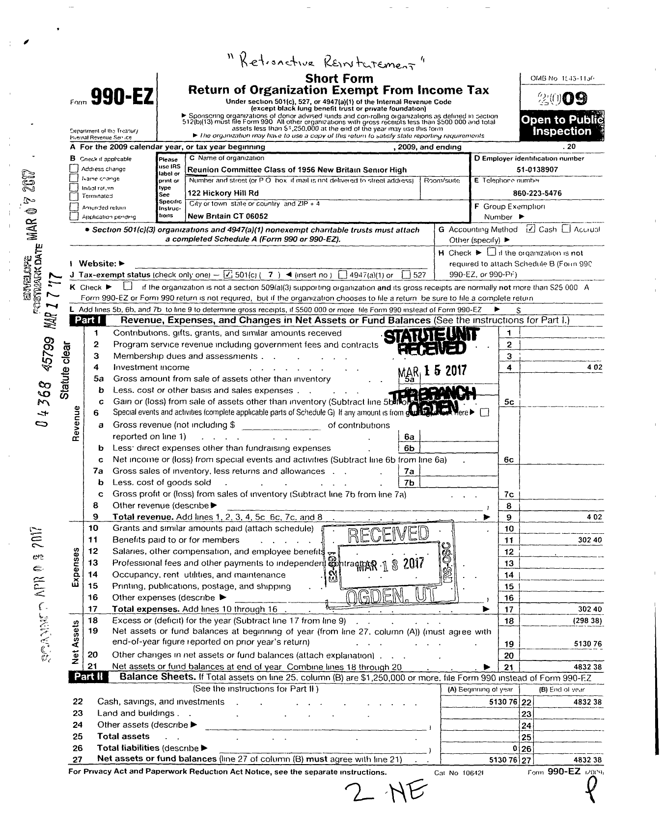 Image of first page of 2009 Form 990EO for Reunion Committee Class 1956 New Britain Senior High School