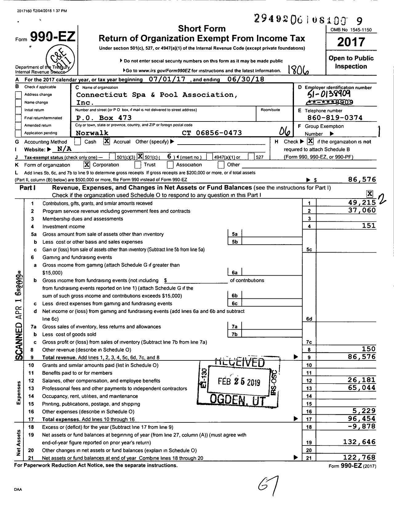 Image of first page of 2017 Form 990EO for Connecticut Spa and Pool Association