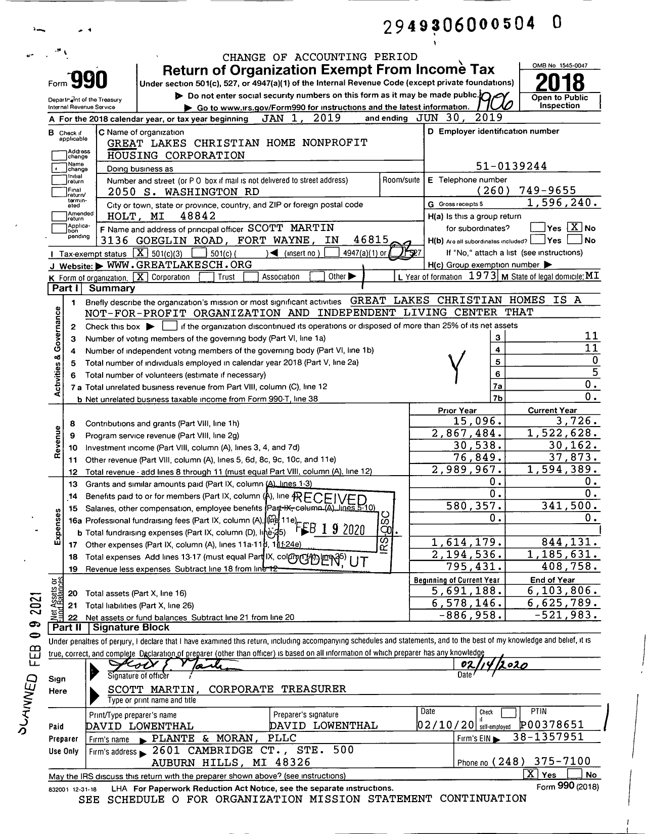 Image of first page of 2018 Form 990 for Great Lakes Christian Homes Nonprofit Corporation