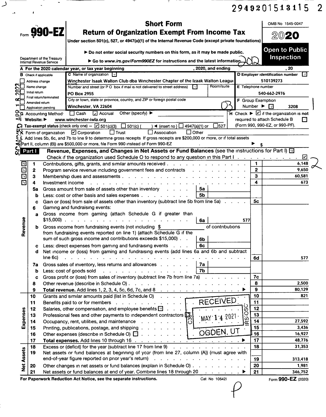 Image of first page of 2020 Form 990EZ for Izaak Walton League of America - Winchester