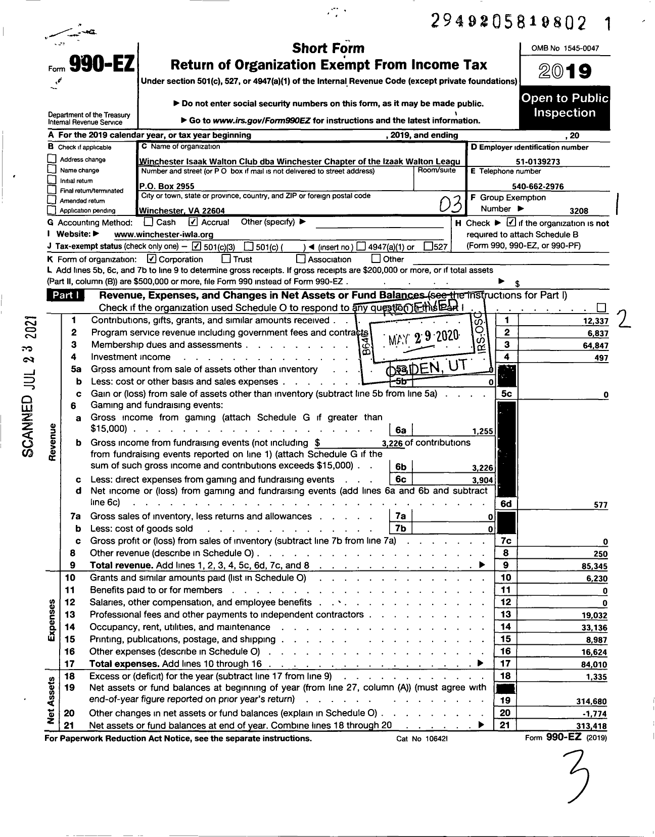 Image of first page of 2019 Form 990EZ for Izaak Walton League of America - Winchester