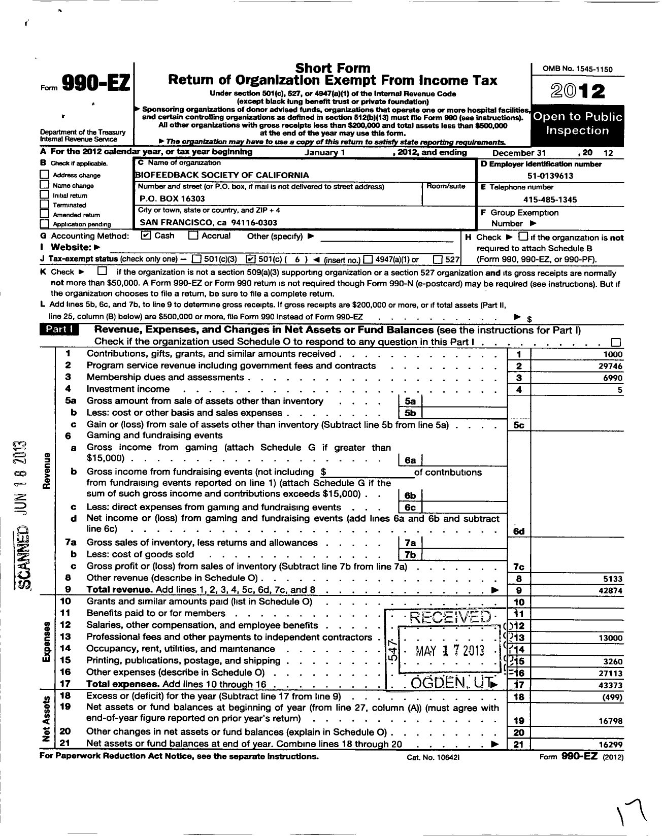 Image of first page of 2012 Form 990EO for Western Association for Biofeedback and Neuroscience