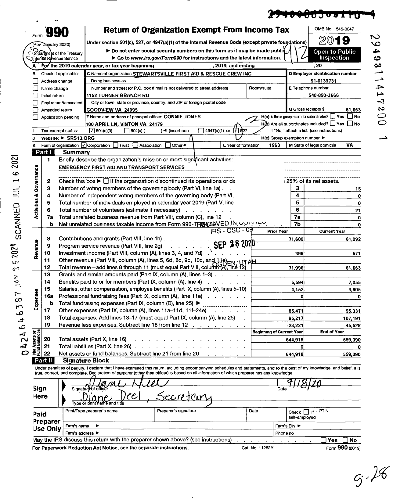 Image of first page of 2019 Form 990 for Stewartsville First Aid and Rescue Crew