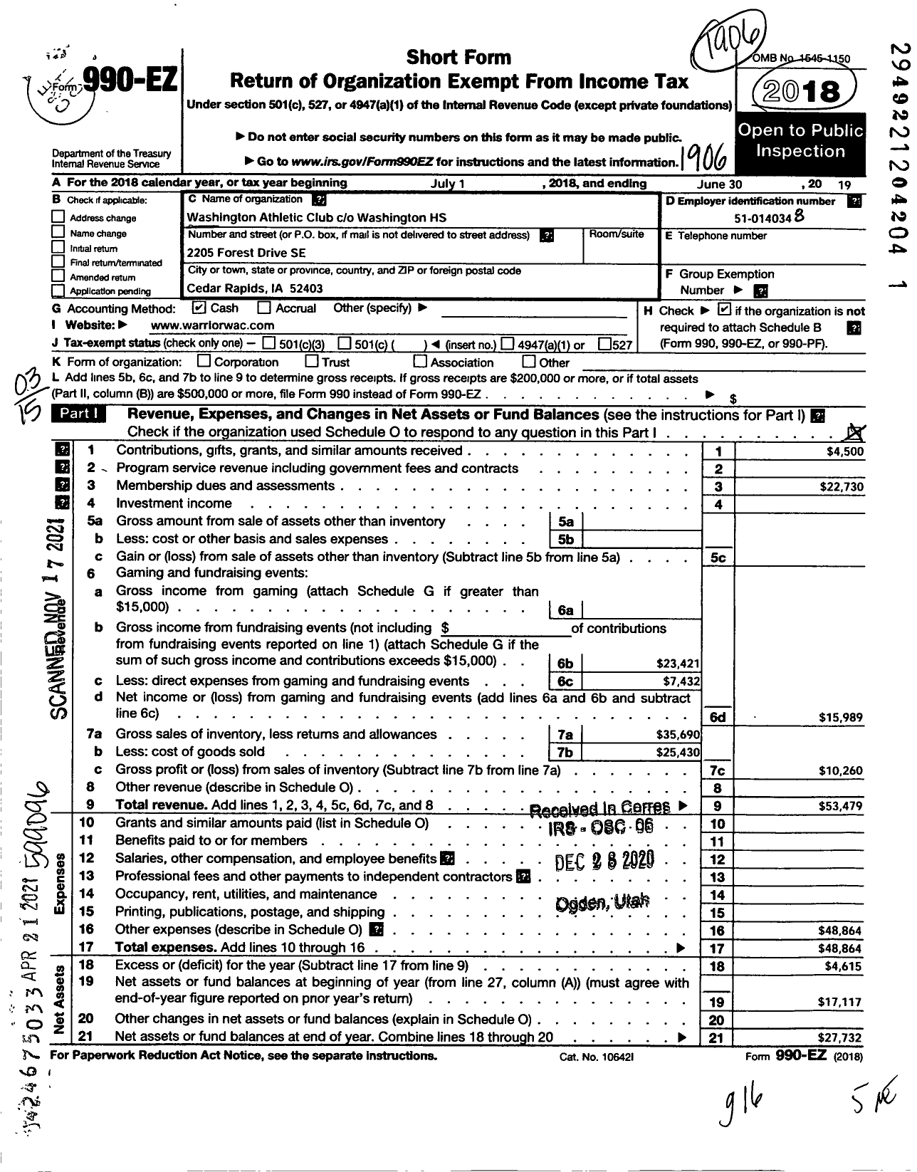 Image of first page of 2018 Form 990EZ for Washington Athletic Club