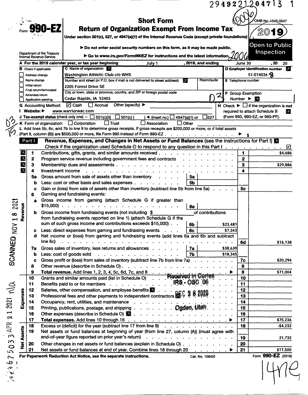 Image of first page of 2019 Form 990EZ for Washington Athletic Club