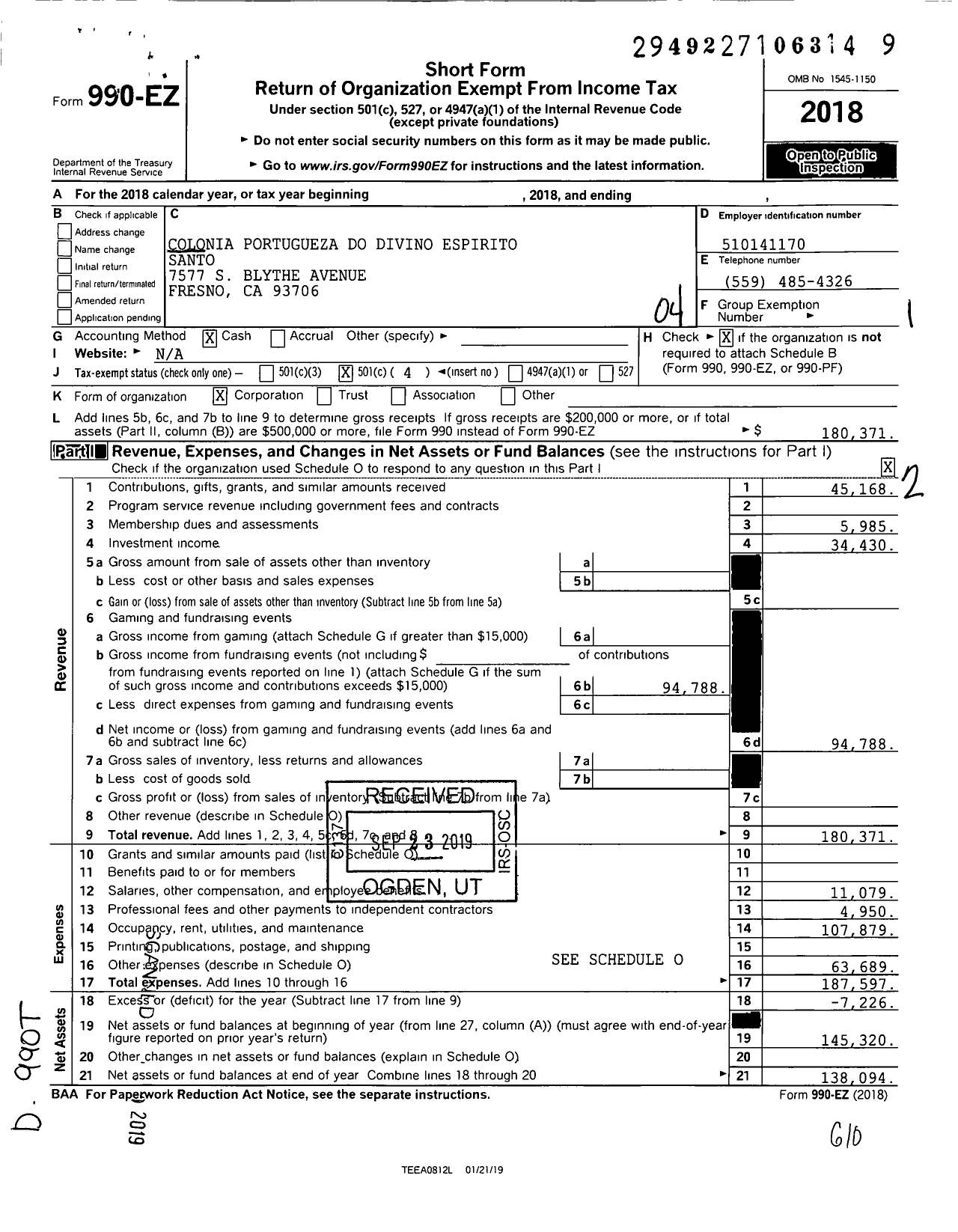 Image of first page of 2018 Form 990EO for Colonia Portugueza Do Divino Espirito Santo