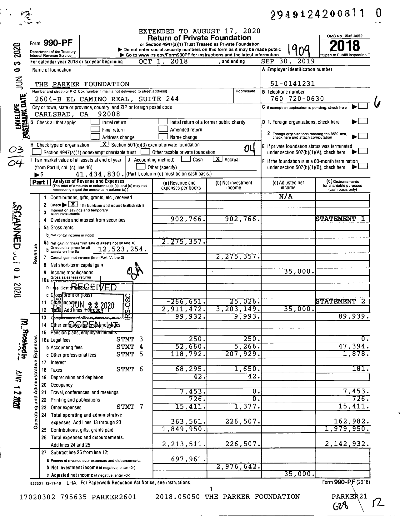 Image of first page of 2018 Form 990PR for The Parker Foundation