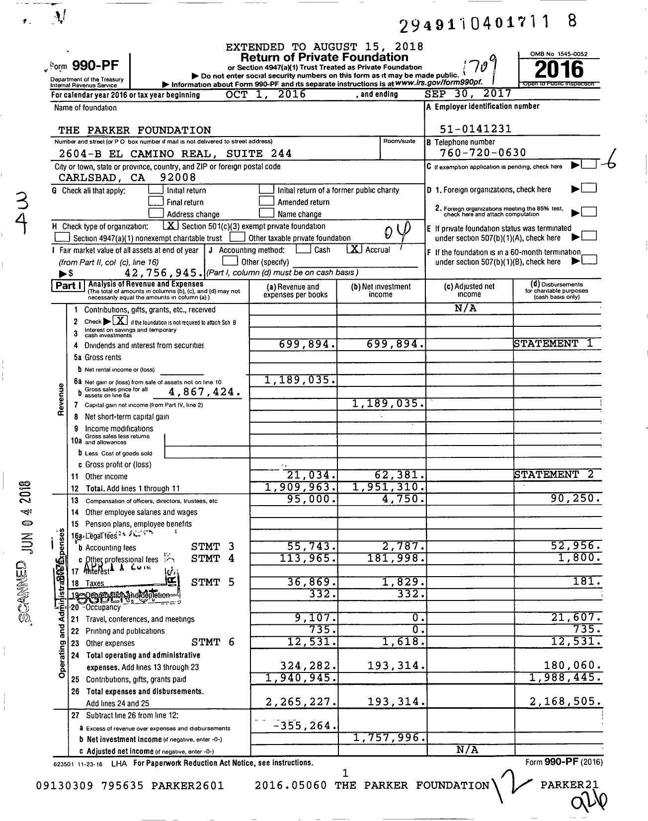 Image of first page of 2016 Form 990PF for The Parker Foundation