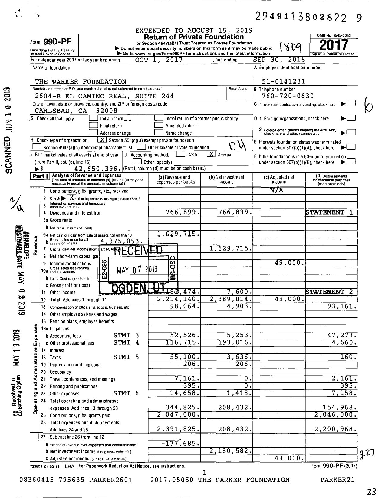 Image of first page of 2017 Form 990PF for The Parker Foundation