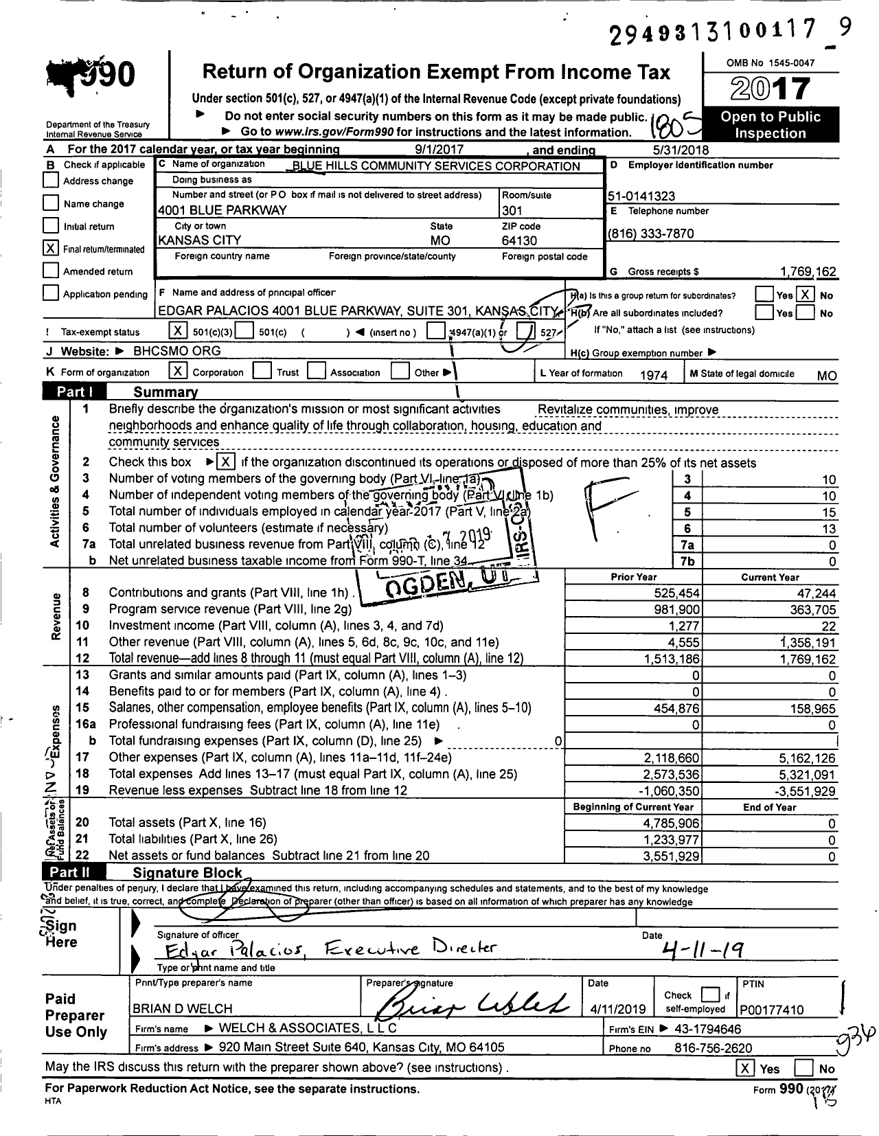 Image of first page of 2017 Form 990 for Blue Hills Community Services Corporation