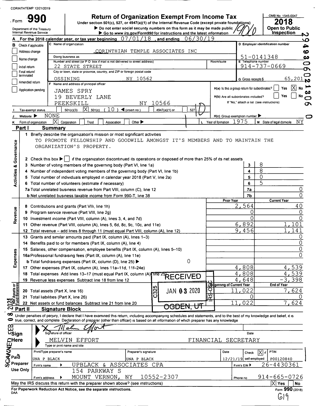 Image of first page of 2018 Form 990O for Corinthian Temple Associates