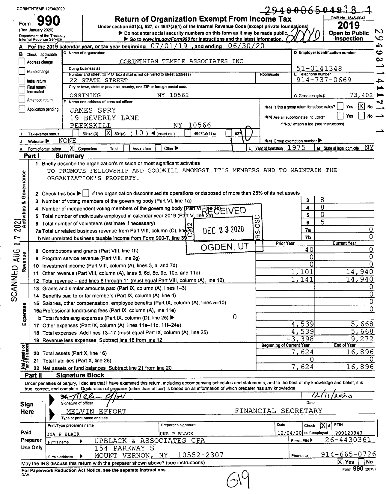 Image of first page of 2019 Form 990O for Corinthian Temple Associates