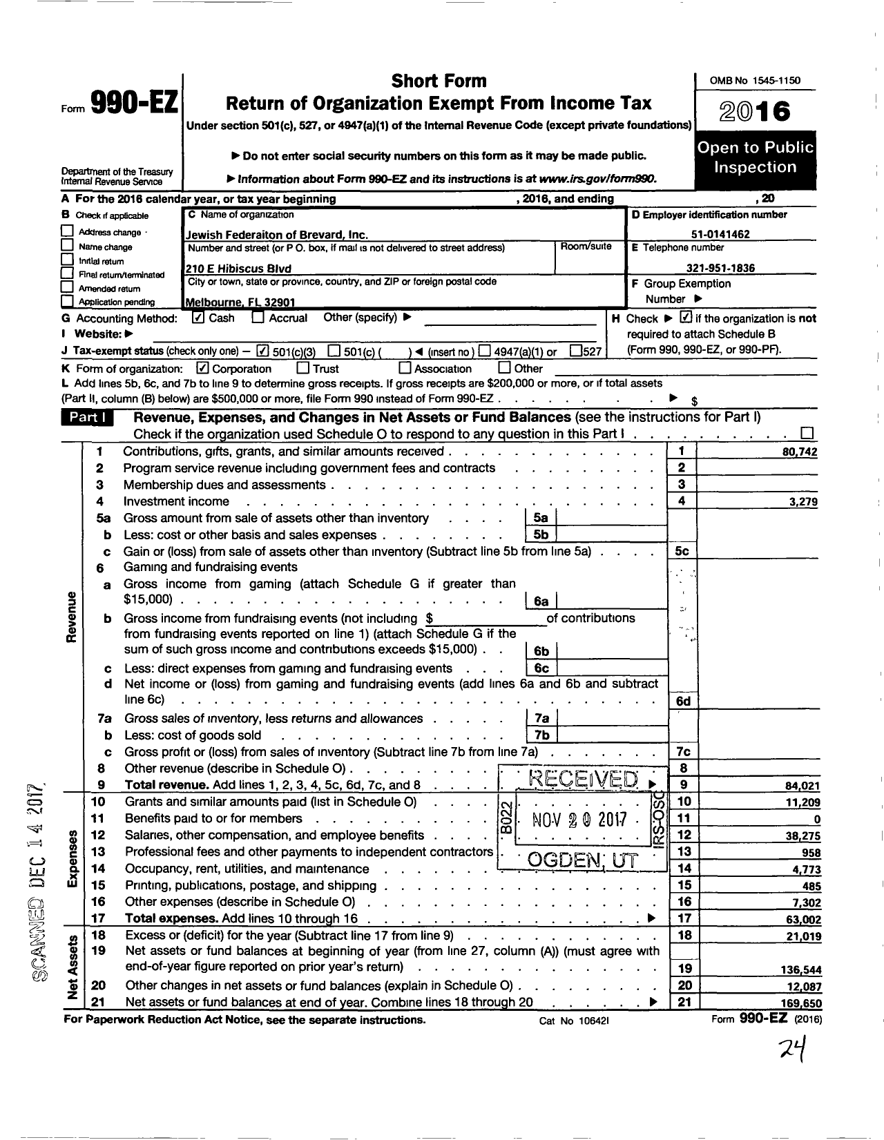 Image of first page of 2016 Form 990EZ for Jewish Federation of Brevard