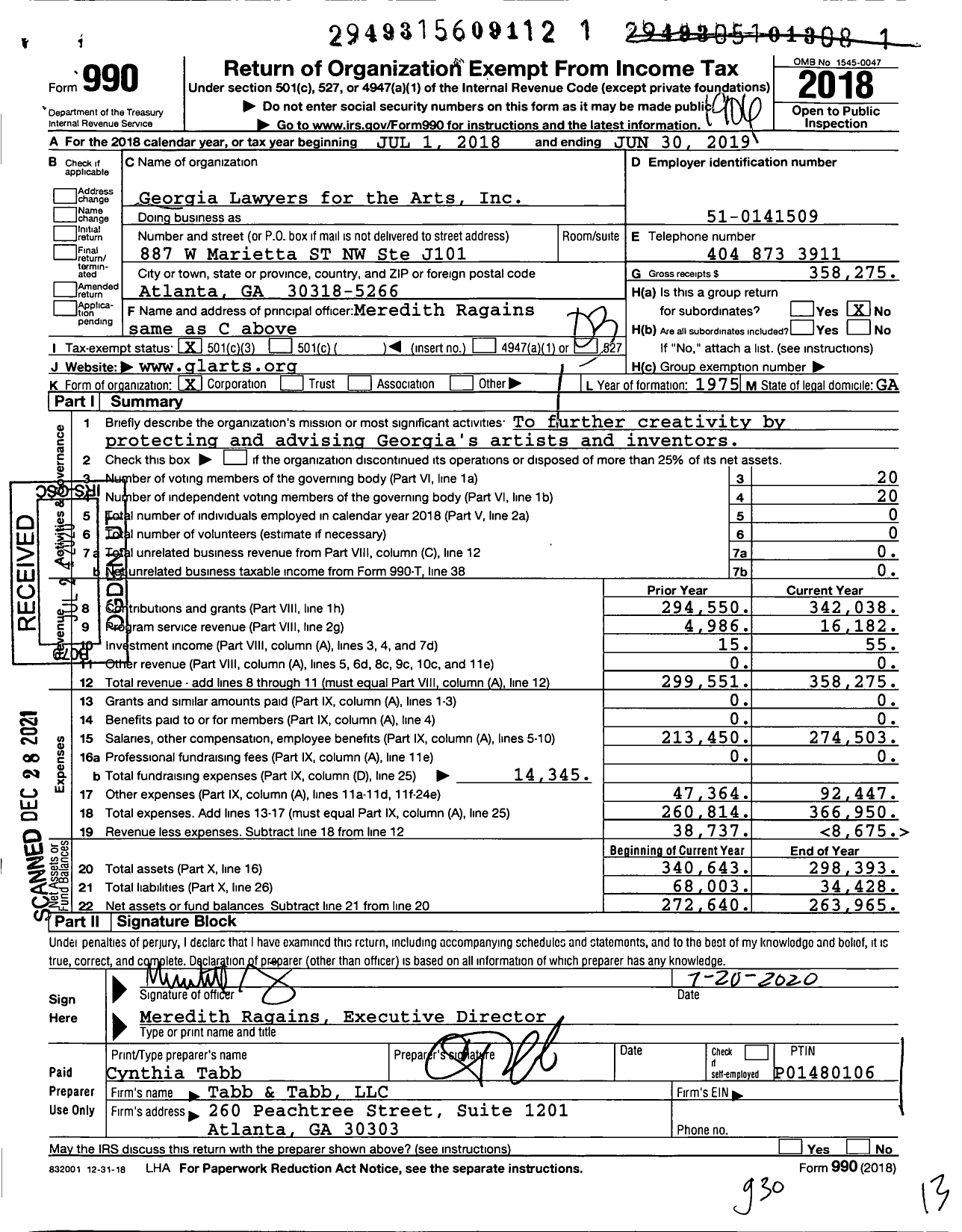 Image of first page of 2018 Form 990 for Georgia Lawyers for the Arts