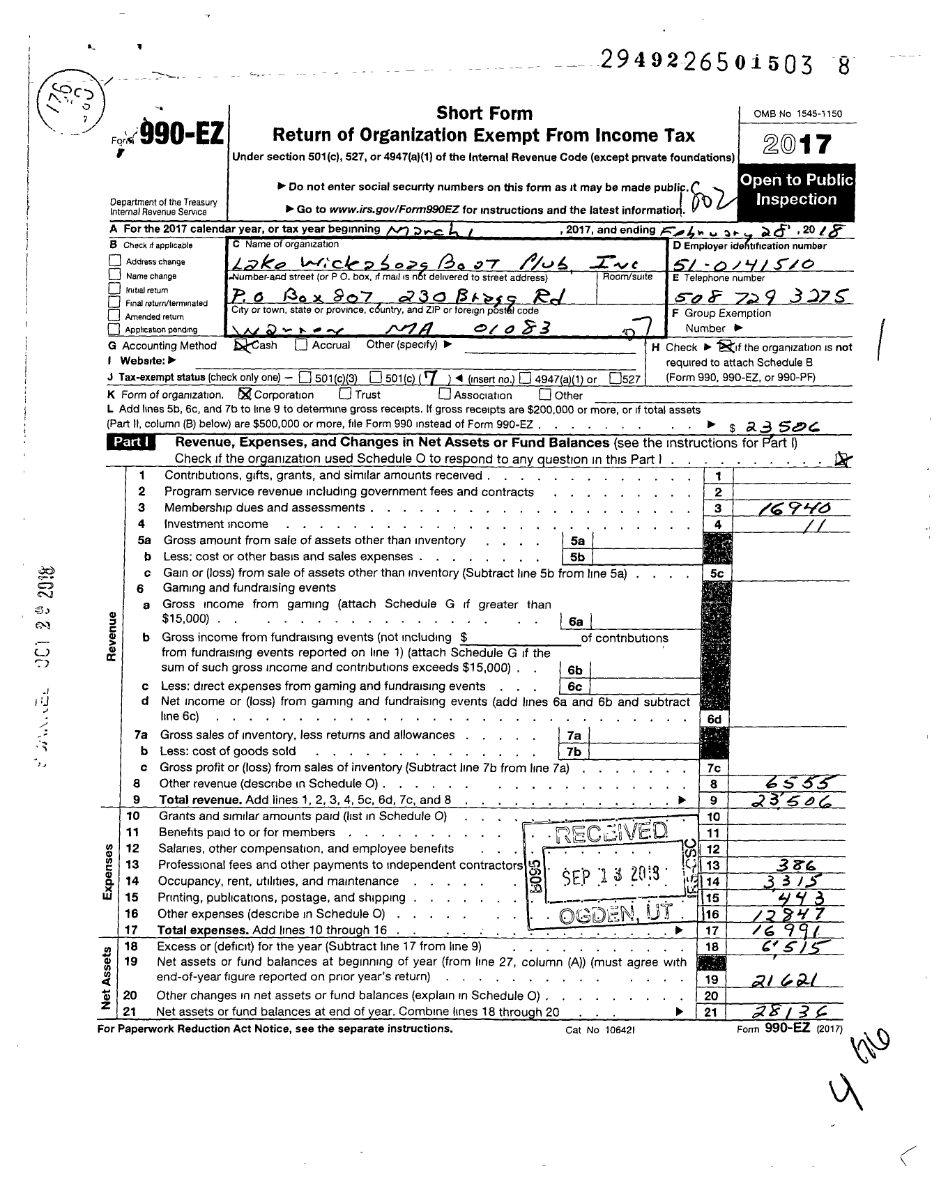 Image of first page of 2017 Form 990EO for Lake Wickaboag Boat Club