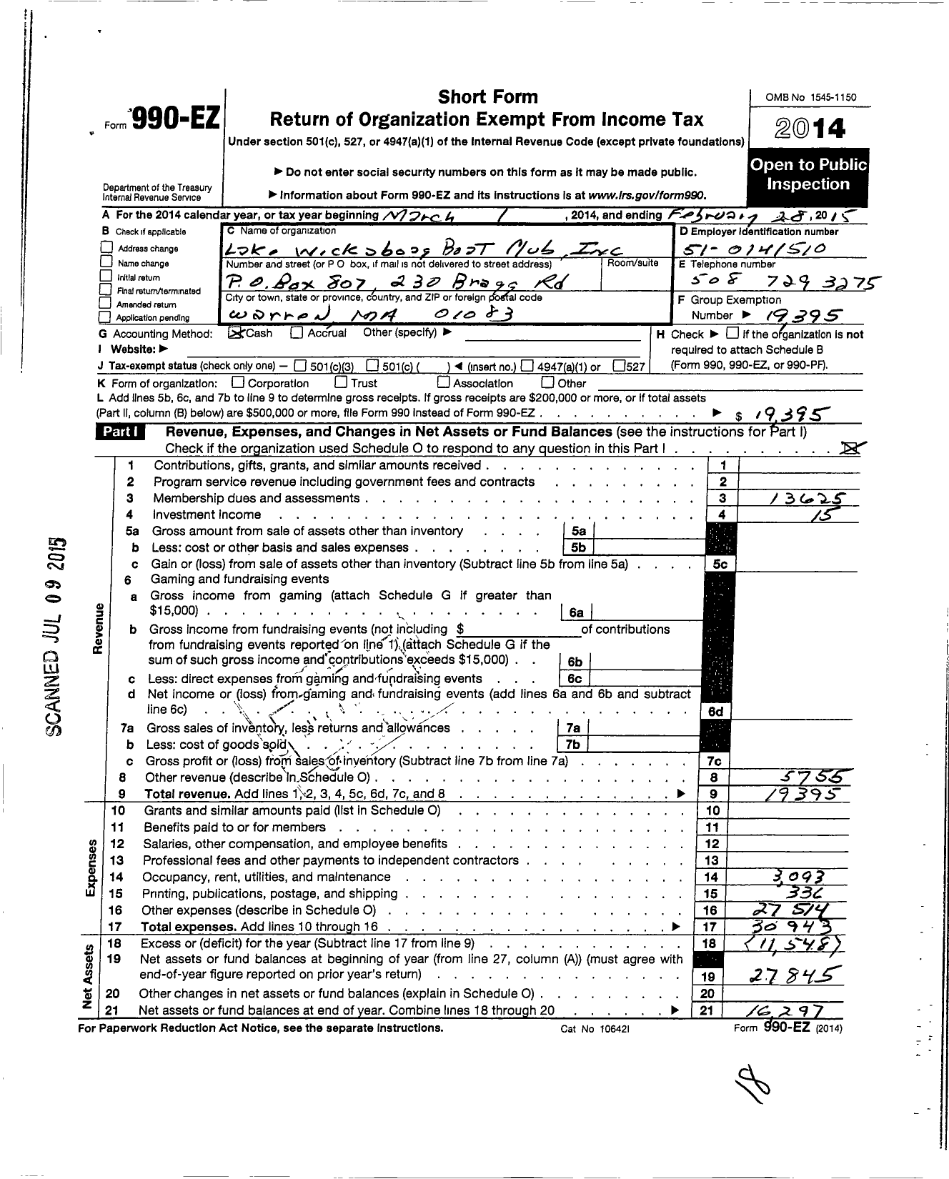 Image of first page of 2014 Form 990EO for Lake Wickaboag Boat Club