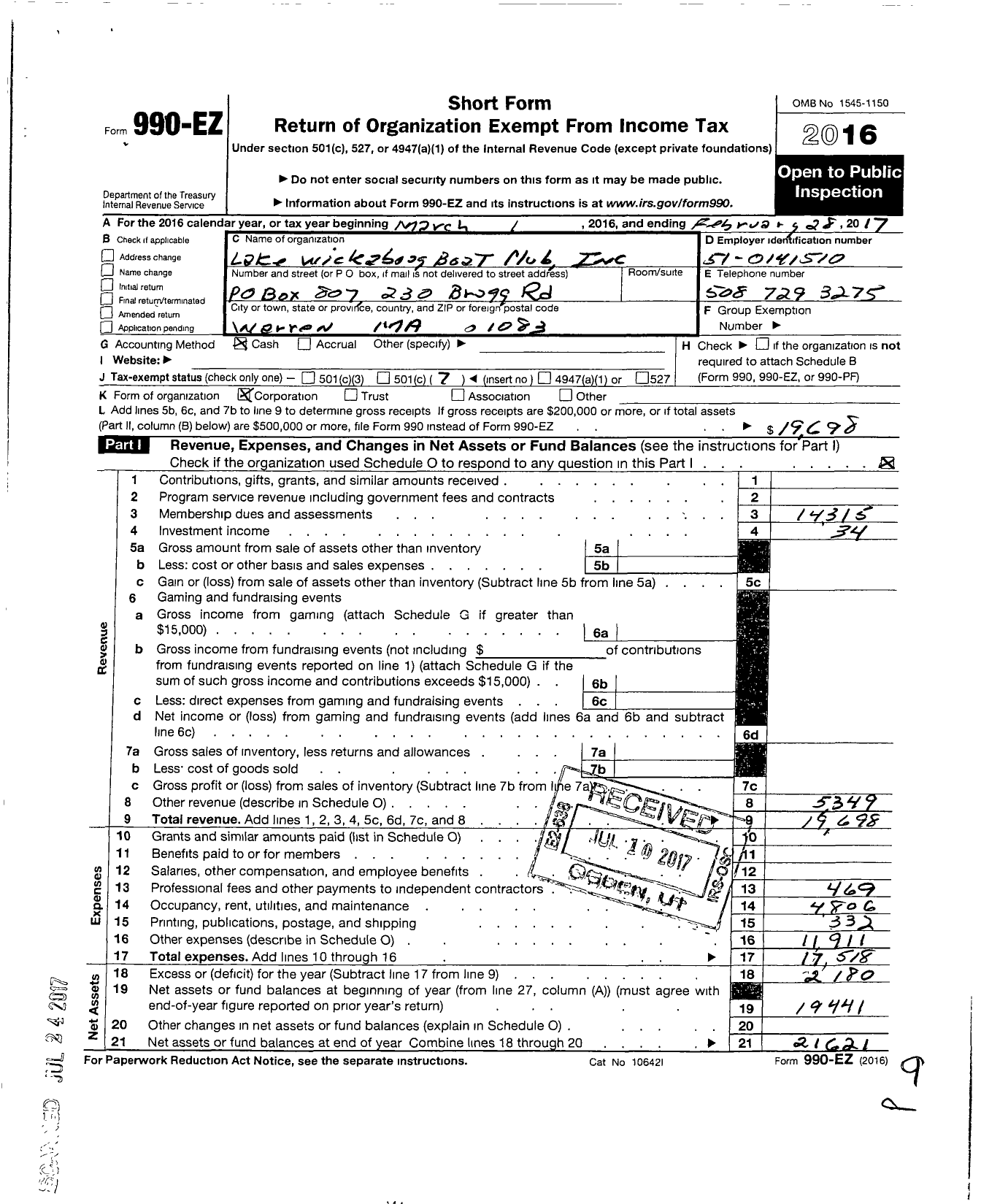 Image of first page of 2016 Form 990EO for Lake Wickaboag Boat Club