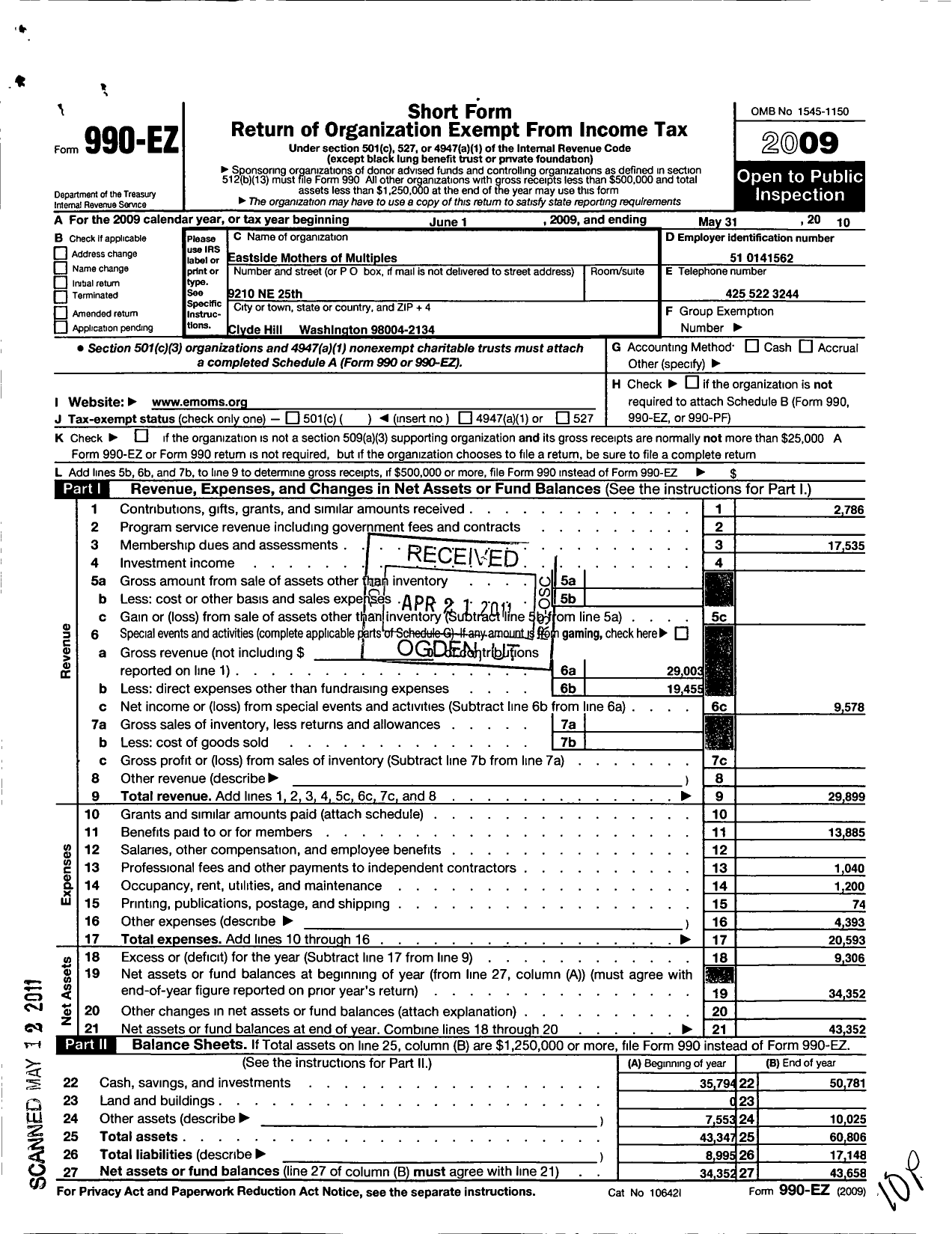 Image of first page of 2009 Form 990EO for Northwest Association of Mothers of Twins Clubs / Eastside Mothers of Multiples