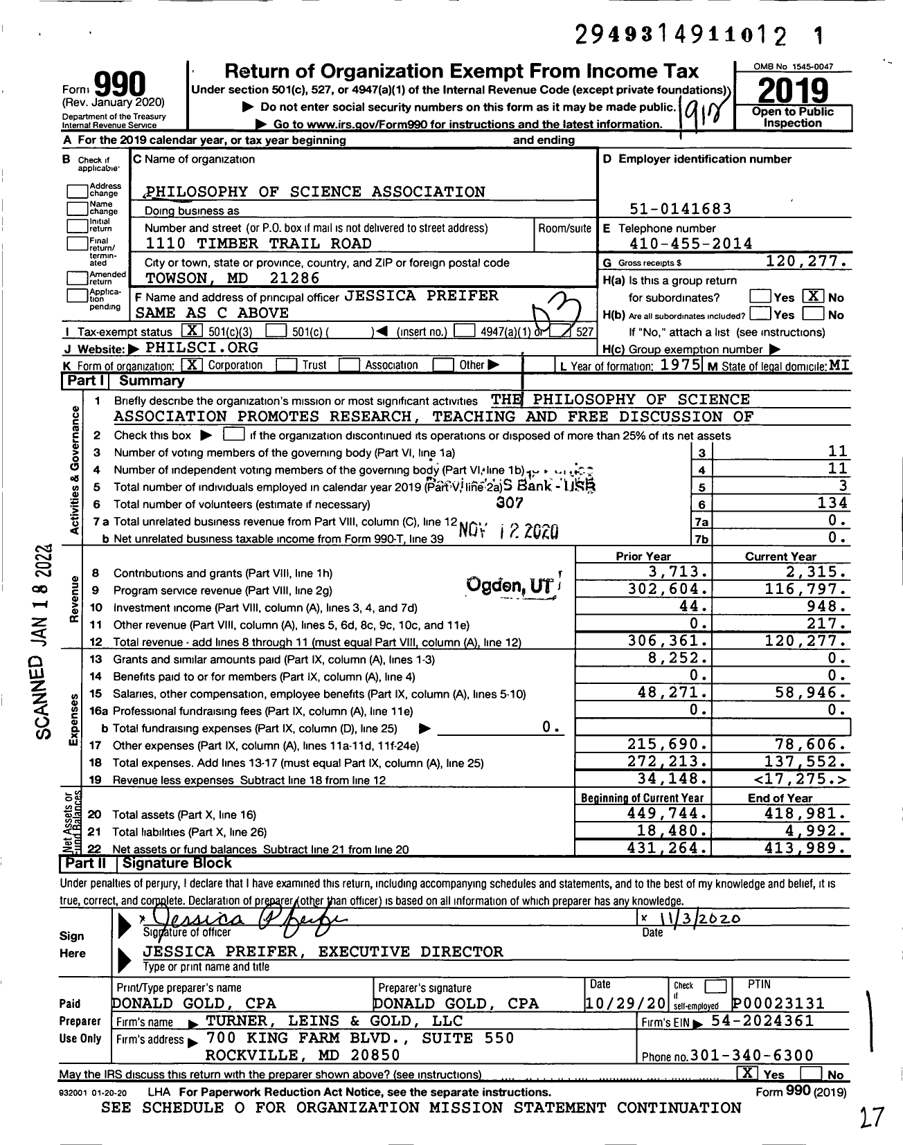 Image of first page of 2019 Form 990 for Philosophy of Science Association