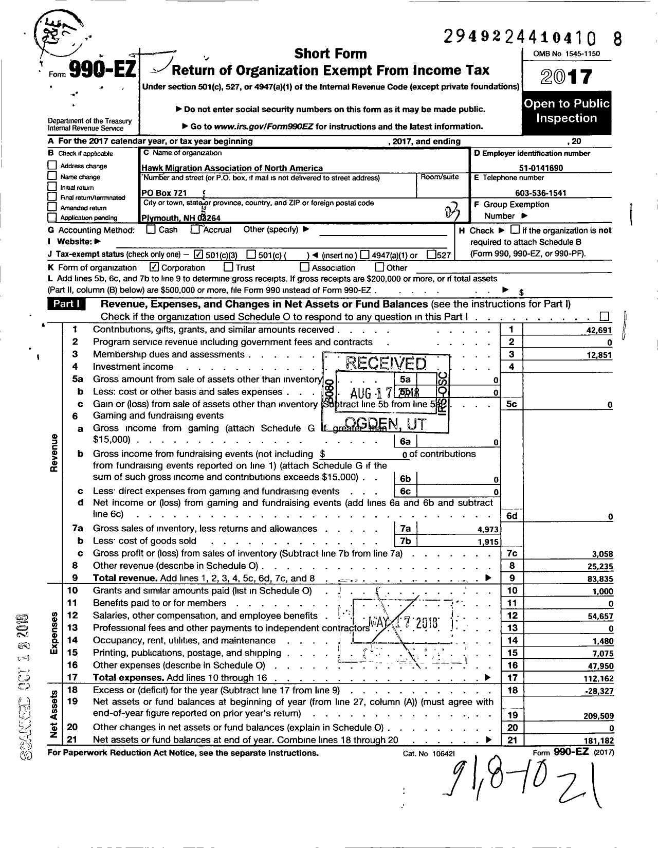 Image of first page of 2017 Form 990EZ for Hawk Migration Association of North America