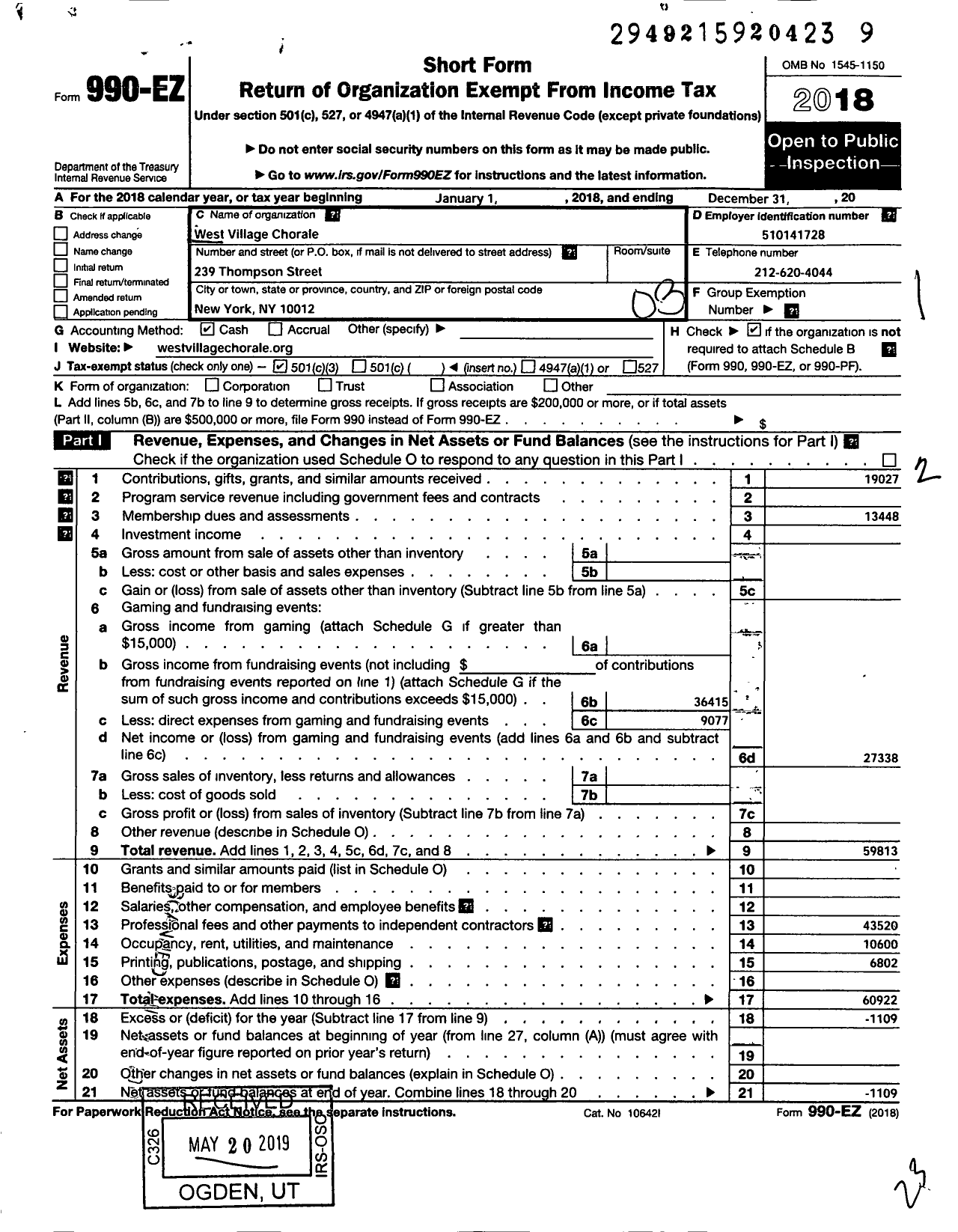 Image of first page of 2018 Form 990EZ for West Village Chorale