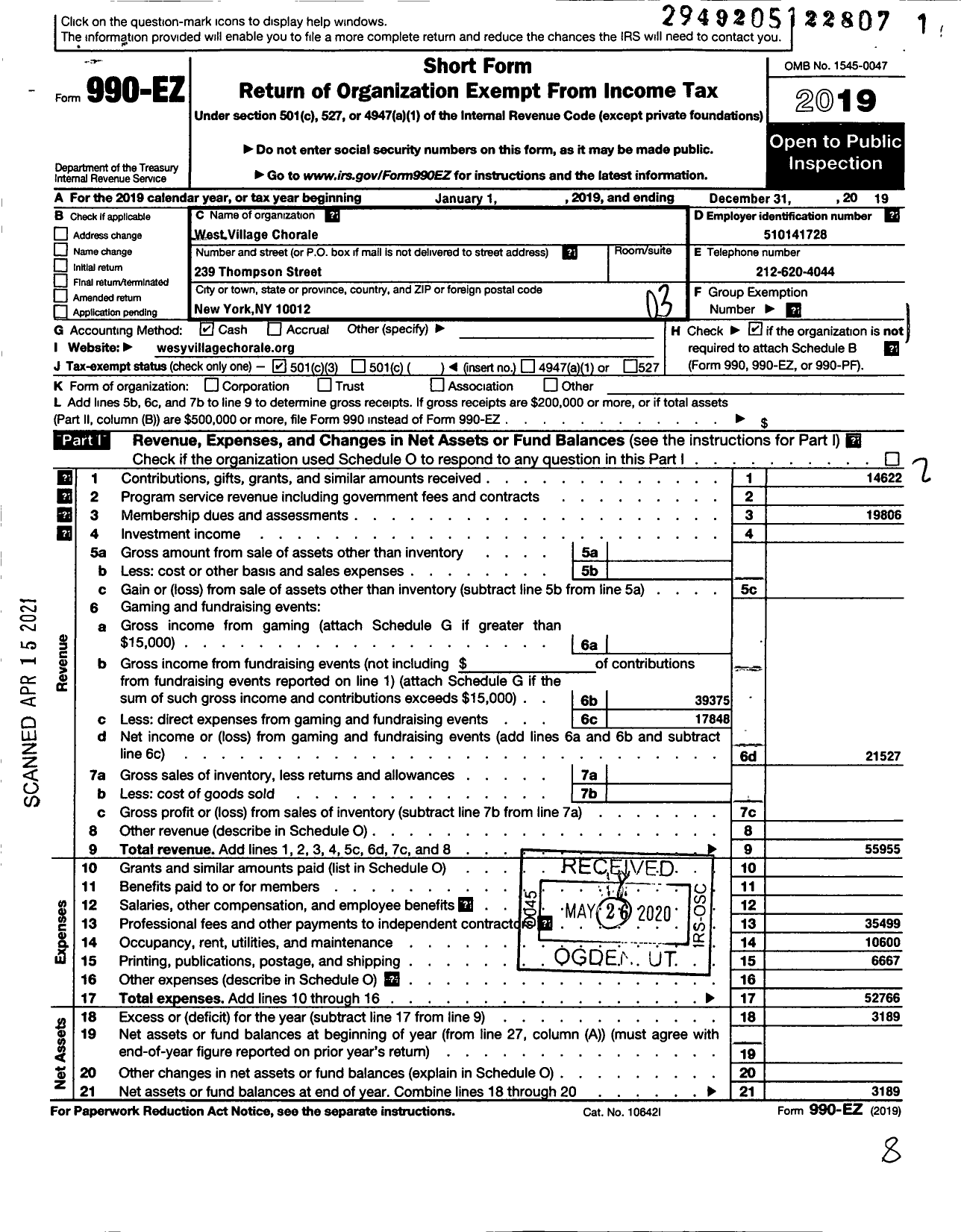 Image of first page of 2019 Form 990EZ for West Village Chorale