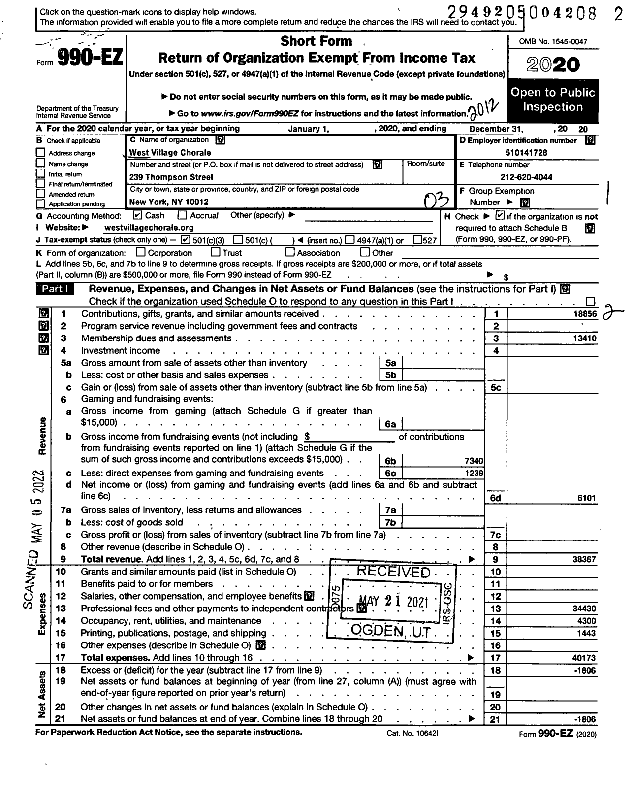 Image of first page of 2020 Form 990EZ for West Village Chorale