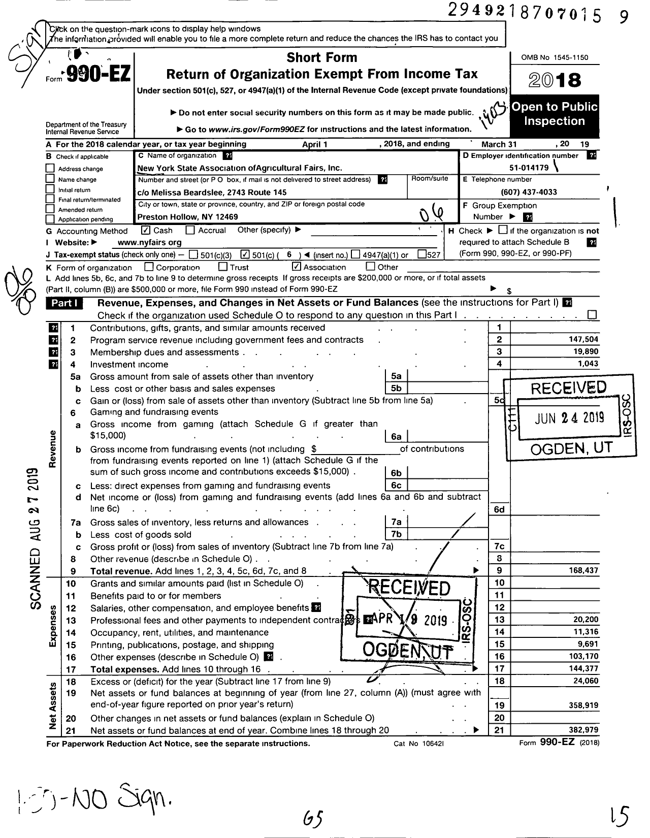 Image of first page of 2018 Form 990EO for New York State Association of Agricultural Fairs