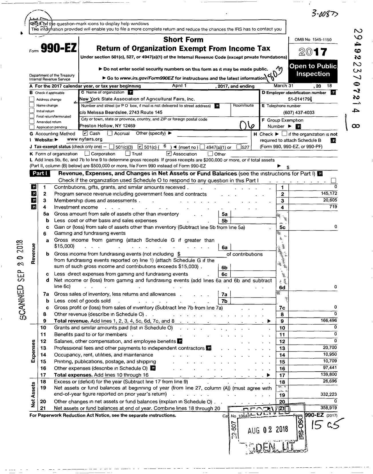 Image of first page of 2017 Form 990EO for New York State Association of Agricultural Fairs