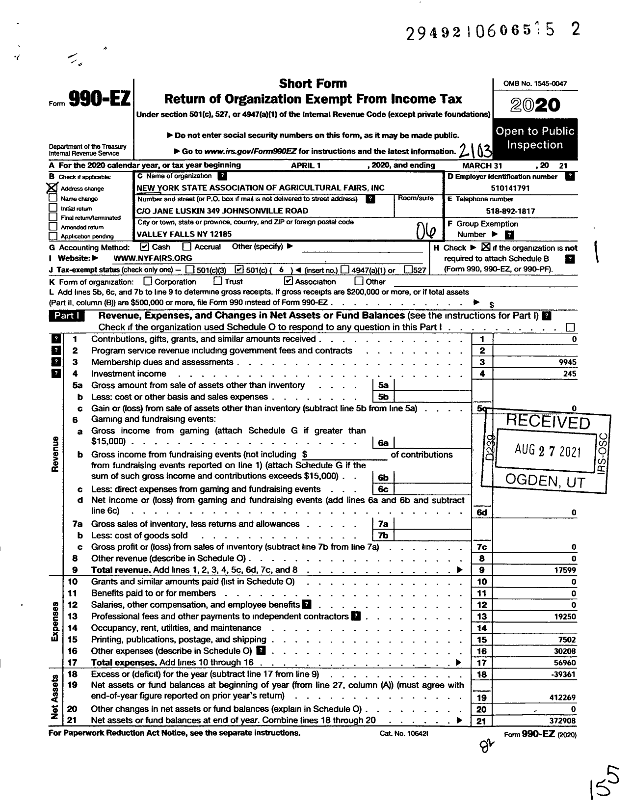 Image of first page of 2020 Form 990EO for New York State Association of Agricultural Fairs