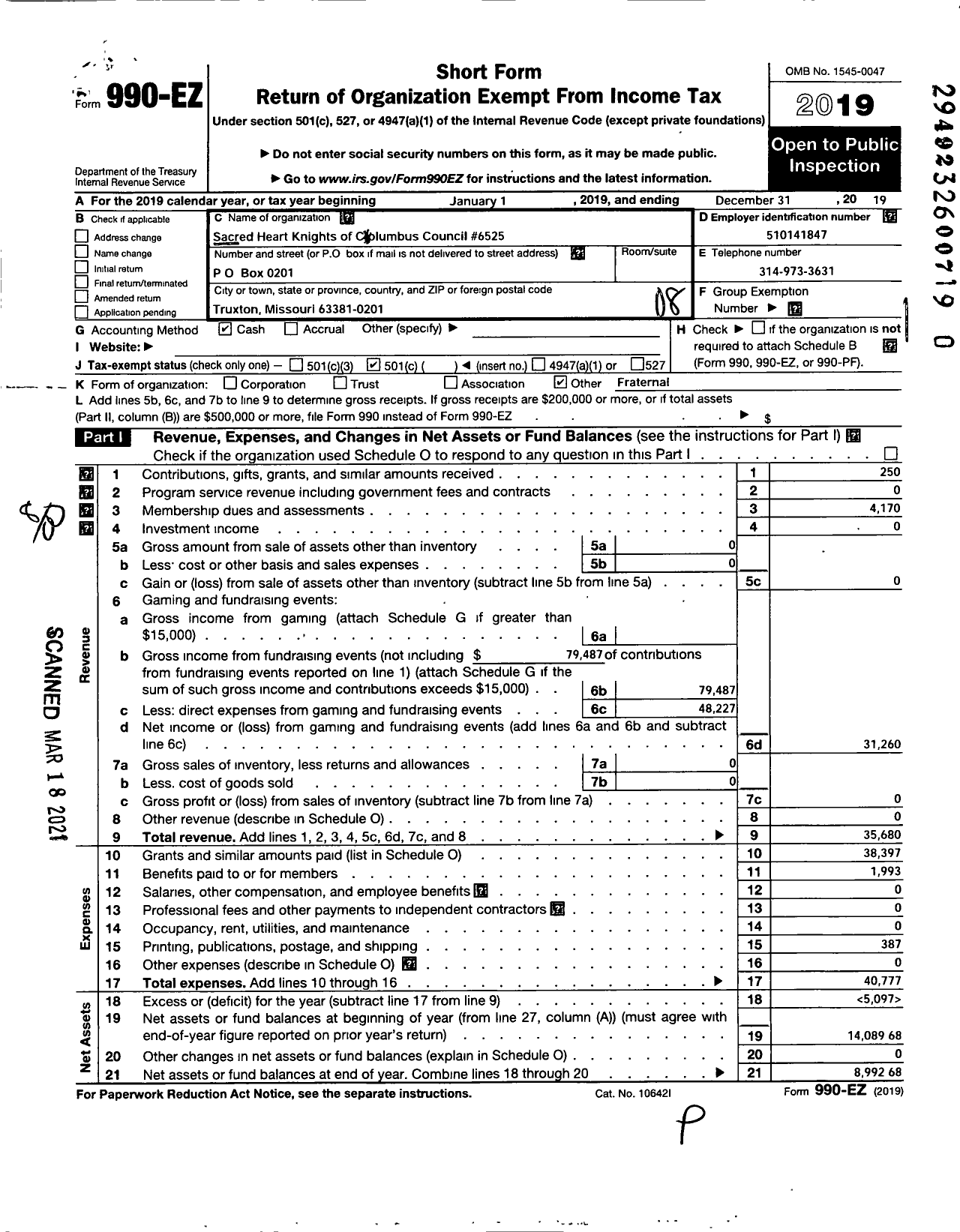 Image of first page of 2019 Form 990EO for Sacred Heart Kinghts of Columbus Council 6525