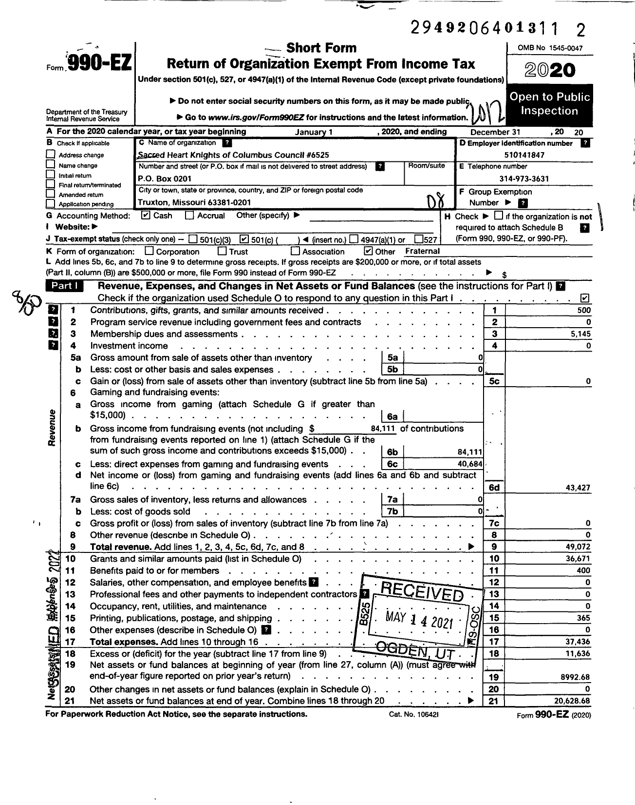 Image of first page of 2020 Form 990EO for Sacred Heart Kinghts of Columbus Council 6525