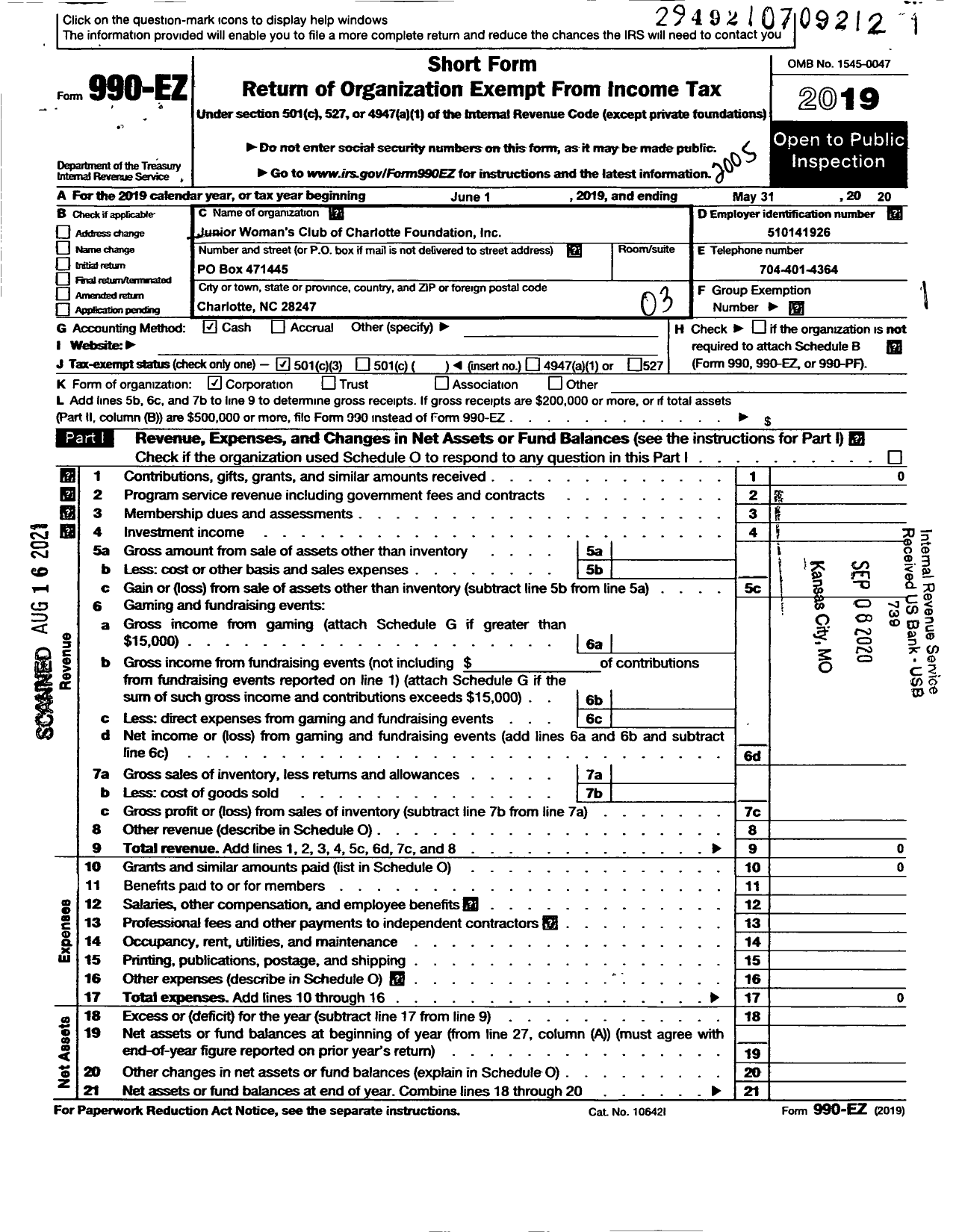 Image of first page of 2019 Form 990EZ for Junior Womans Club of Charlotte Foundation