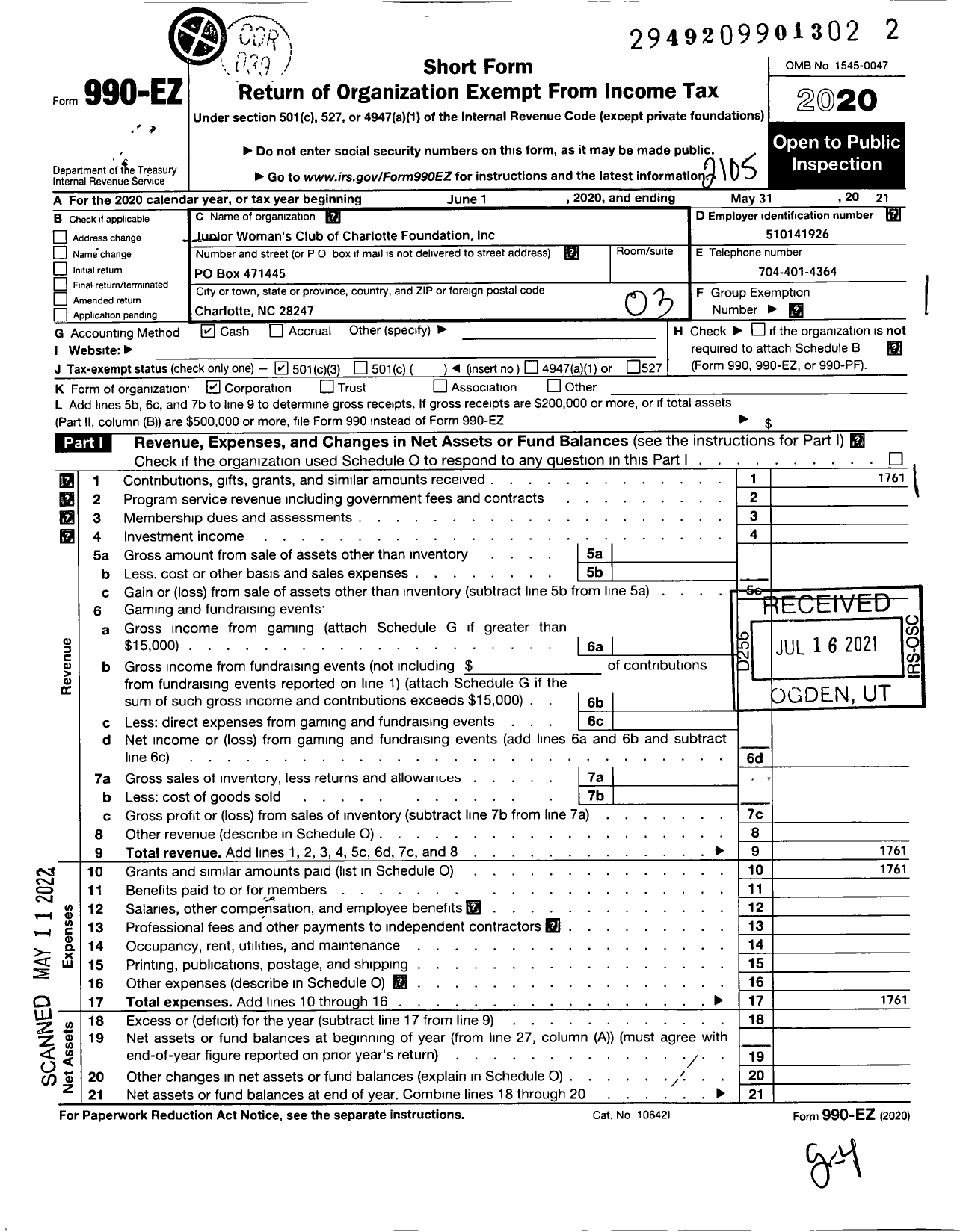 Image of first page of 2020 Form 990EZ for Junior Womans Club of Charlotte Foundation